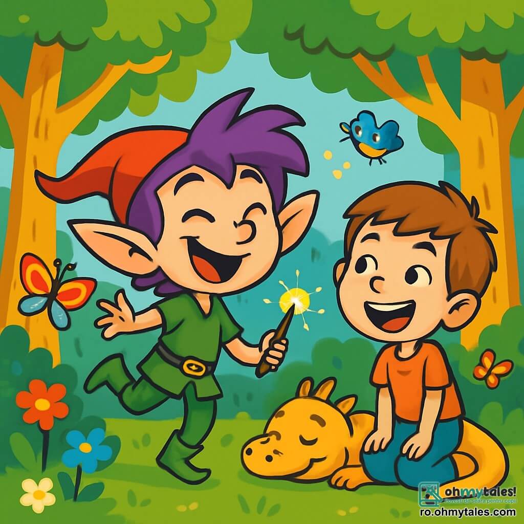 Un elf jucăuș, pe nume Liliac, cu urechi mari ascuțite și păr violet strălucitor, zâmbește vesel în timp ce sare într-o poieniță însorită. Ochii săi strălucitori de năzdrăvănie reflectă entuziasmul său, în timp ce ține în mână o baghetă strălucitoare. Lângă el se află Marius, un băiat de nouă ani, cu părul castaniu deschis și ochi strălucitori de curiozitate, care râde ascultând o poveste spusă de Liliac. Se află în mijlocul unei păduri magice, înconjurați de copaci cu trunchiuri aurii și frunze verzi smarald care strălucesc sub soare. Flori colorate și creaturi amuzante, precum fluturi cu aripi multicolore și păsări cântătoare, zboară în jurul lor, adăugând la atmosfera veselă. Scena îl arată pe Liliac povestind o poveste amuzantă lui Marius, care este captivat de fiecare cuvânt, în timp ce un dragon auriu, adormit nu departe, zâmbește auzind râsetele celor doi prieteni.