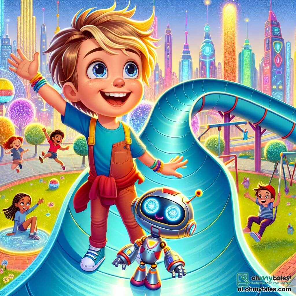 Een 6-jarig jongetje genaamd Max, met messy blond haar en sprankelende nieuwsgierige ogen, staat bovenop een grote kleurrijke glijbaan in een futuristisch park. Hij glimlacht vrolijk, met zijn armen omhoog, klaar om te glijden. Naast hem moedigt zijn kleine robotvriend Bliep, rond en glanzend met knipperende lichten, hem aan terwijl hij in de lucht zweeft. Op de achtergrond spelen kinderen van verschillende leeftijden samen: een 7-jarig meisje met gevlochten bruin haar, lachend terwijl ze op een schommel zit, en een 5-jarig jongetje met een rode pet, dat naar een kleine fontein rent. Het park is gevuld met futuristische gebouwen in felle kleuren, met luminescente bomen en bloemen die van kleur veranderen, wat een magische en betoverende sfeer creëert. De hoofdscène toont Max die op het punt staat te glijden, omringd door lachen en vreugde, wat de geest van avontuur en vriendschap in deze futuristische stad illustreert.