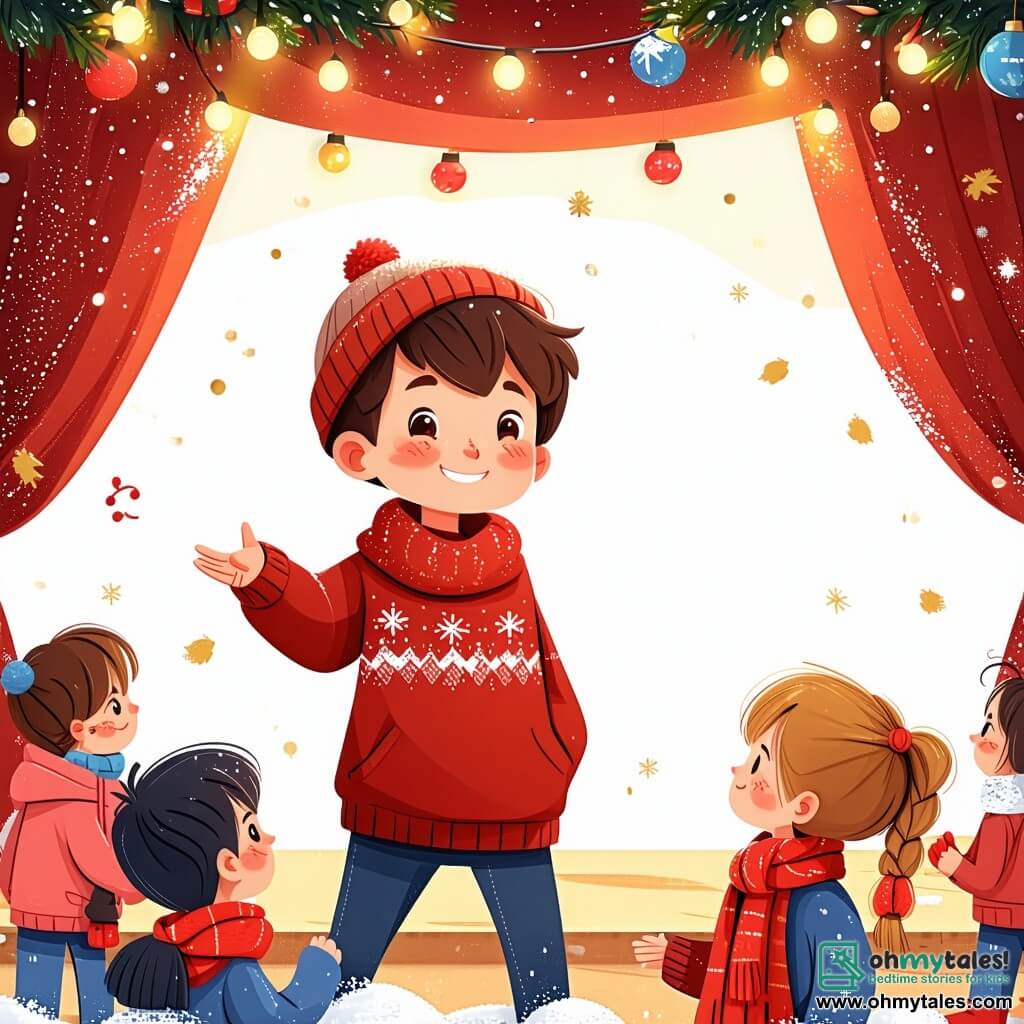 An 11-year-old boy, Charlie, stands at the center of the image with messy brown hair and sparkling eyes full of joy. He wears a red sweater with a snowflake pattern and a wool hat, his smile radiating excitement as he invites children to join him on stage. Next to him, Mia, his 11-year-old best friend, has long blonde braids and round glasses. She is reaching out to younger kids to encourage them to come on stage, her face lit up by a big smile. The background shows an outdoor concert stage decorated with twinkling lights and a large illuminated Christmas tree, surrounded by happy families and children playing in the snow. The main scene depicts Charlie and Mia, surrounded by an enthusiastic crowd, singing Christmas carols with children coming on stage, creating a festive and warm atmosphere filled with laughter and joy.
