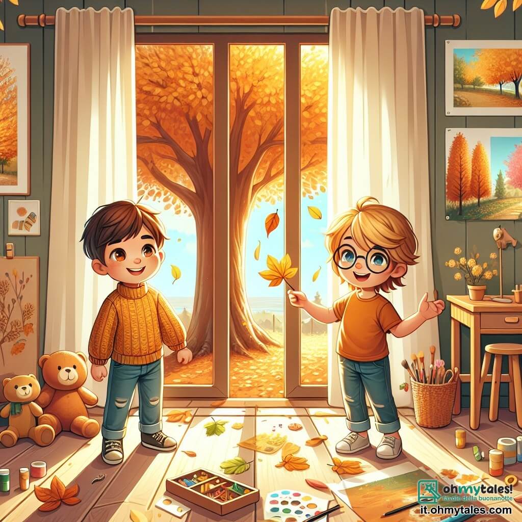 Due ragazzi, Luca e Marco, di 7 anni, si trovano vicino a una grande finestra. Luca, con i capelli castani e gli occhi scintillanti, indossa un maglione giallo e sorride guardando le foglie dorate all'esterno. Marco, con i capelli biondi e gli occhiali, indossa una maglietta arancione e indica una foglia che cade. La stanza è accogliente, decorata con poster di natura, con giocattoli sparsi sul pavimento e una luce soffusa che filtra dalla finestra. All'esterno, un albero maestoso con foglie dorate e arancioni si erge, creando uno spettacolo colorato. I due ragazzi discutono con entusiasmo dei colori delle foglie d'autunno, mentre la loro mamma, una donna sorridente con i capelli castani, entra nella stanza con foglie e materiale artistico, pronta ad aiutarli a creare un progetto ispirato alla bellezza dell'autunno.