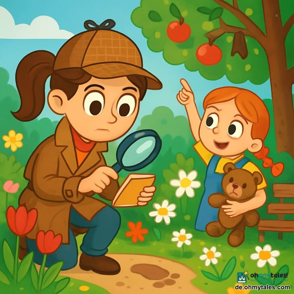 Eine junge Detektivin, Mia, mit großen neugierigen Augen und braunen Haaren, die zu einem Pferdeschwanz gebunden sind, kniet in einem blühenden Garten. Sie hält eine Lupe in einer Hand und ein kleines Notizbuch in der anderen, mit einem konzentrierten und entschlossenen Ausdruck. Neben ihr steht Frida, ein 7-jähriges Mädchen mit roten Zöpfen, das mit leuchtenden Augen der Aufregung einen braunen Plüschbären an ihre Brust drückt. Der Garten ist voller bunter Blumen, mit roten Tulpen, weißen Margeriten und einem großen Obstbaum im Hintergrund. Der Boden ist mit gelben Blättern und grünem Gras bedeckt, und eine alte Holzbank ist neben ihnen sichtbar. Die Hauptsituation zeigt Mia, die einen Abdruck im Sand untersucht, während Frida auf einen Baum zeigt, in dessen Ästen ein kleines Stück brauner Stoff feststeckt. Die Atmosphäre ist voller Geheimnisse und Abenteuer, mit Sonnenstrahlen, die durch die Blätter filtern.