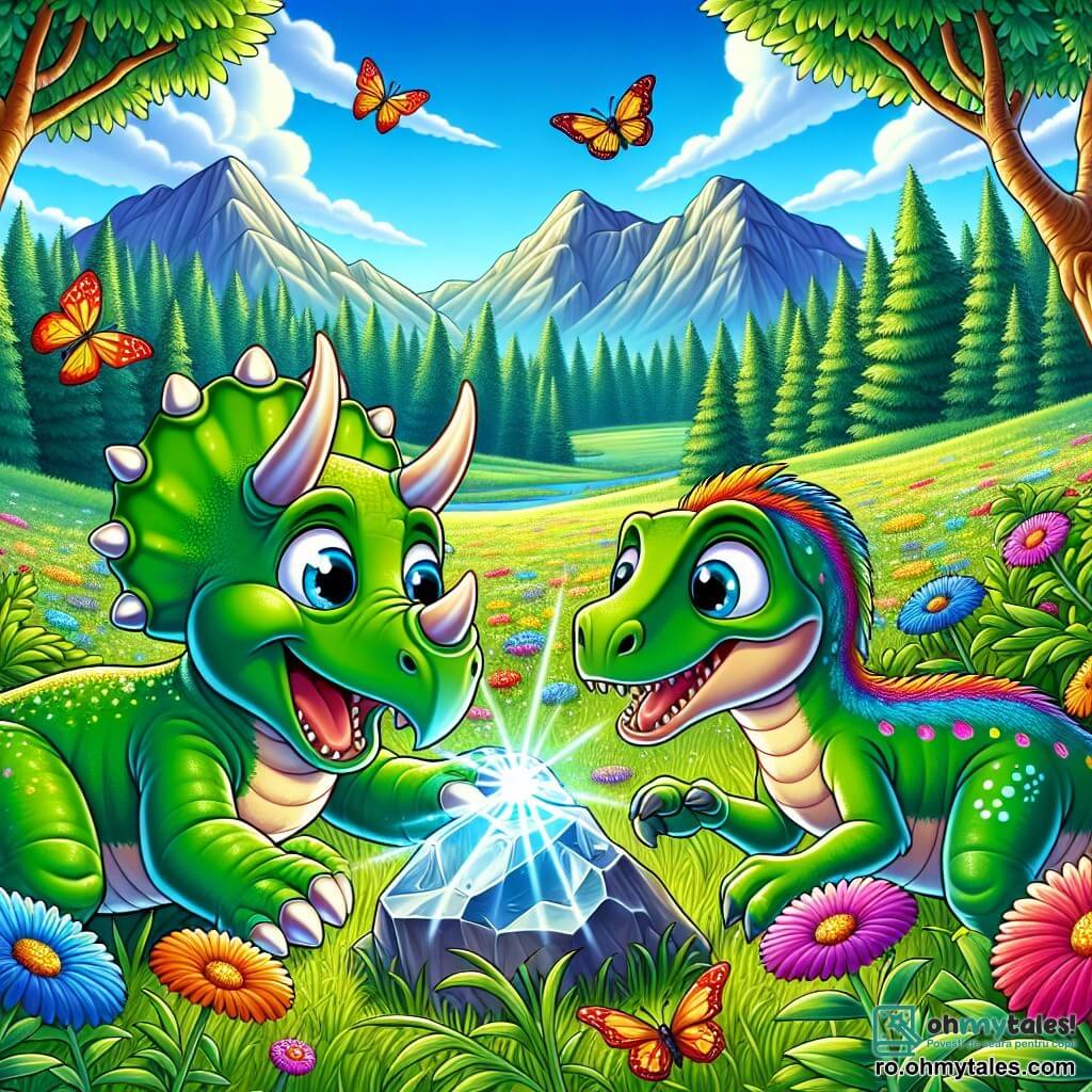 Un tânăr triceratops pe nume Dino, cu o piele verde strălucitoare și trei coarne ascuțite pe cap, își exprimă o mare curiozitate în timp ce examinează un artefact misterios, strălucitor în iarbă. Alături de el, prietenul său Rapi, un velociraptor agil cu pene colorate, observă cu ochii mari, pregătit să-l ajute în această descoperire fascinantă. Scena are loc într-o pajiște vastă și însorită, unde copaci mari cu frunze luxuriante dansează în vânt, iar flori colorate presară solul verde. La orizont, munți măreți se conturează sub un cer albastru strălucitor, presărat cu nori pufoși. Dino și Rapi, captivați de artefactul misterios, stau umăr la umăr, împărtășind un moment de uimire și camaraderie, în timp ce fluturi cu culori vii zboară în jurul lor, adăugând o notă de magie acestei descoperiri incredibile.