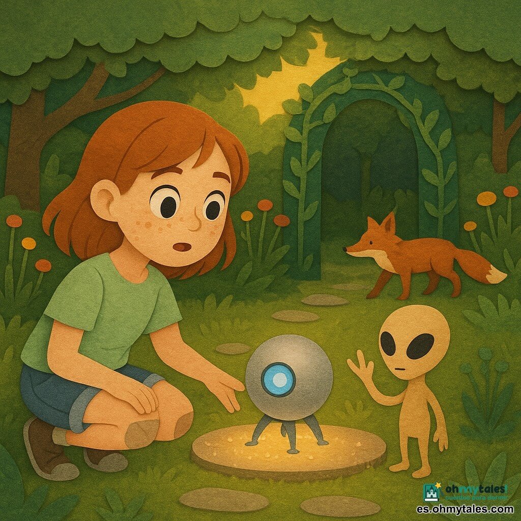 Niña de 12 años, Hardy, rostro redondo con pecas, ojos grandes y curiosos, expresión asombrada y cautelosa; lleva camiseta verde pálido, short vaquero y una vieja rodillera, agachada junto a una losa iluminada con la mano extendida sin tocarla. Sonda extraterrestre: esfera metálica del tamaño de una sandía, superficie plateada mate con un "ojo" azul luminoso y pequeñas patas desplegadas sobre la losa, emitiendo halos de luz suave. Karu, pequeño extraterrestre tímido de piel color arena, tres brazos finos y ojos negros ovalados, en postura vacilante y amistosa, un paso detrás de la esfera con la mano alzada saludando a Hardy. Un zorro rojizo de cola tupida pasa tranquilo al fondo junto a los arbustos. Lugar: jardín secreto circular con portal de lianas, camino de piedras lisas, flores altas como micrófonos, hierbas en capas y losa central oscura con puntos luminosos, luz dorada de tarde filtrada entre hojas. Situación: encuentro íntimo y silencioso en el centro del jardín entre la niña, la sonda y Karu, atmósfera mágica y cálida con contrastes de papel recortado y acentos plateados y azules.