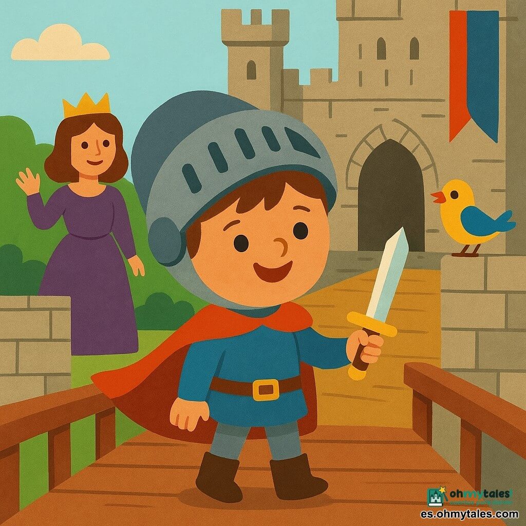 Niño caballero (Nico), cara redonda, pelo castaño corto, casco grande echado hacia atrás en la nuca, capa roja ondeante, pequeña espada brillante en la mano, expresión alegre y segura, de pie en el puente del castillo; reina adulta (mujer) con vestido púrpura y corona dorada, mano levantada como llamando, en el patio detrás de Nico a la izquierda; pequeño mensajero pájaro sin género, plumaje amarillo y azul, posado en el borde del muro a la derecha, cabeza vuelta hacia Nico cantando; castillo alto de piedras grises con grandes banderas rojas y azules, puente de madera, bosque verde denso a lo lejos y cielo matinal claro; escena principal: momento de partida aventurera — Nico sonriente avanza por el puente hacia el bosque, la reina lo anima, el pájaro canta; composición simple, formas grandes y legibles, colores vivos, contornos suaves y texturas planas aptas para niños pequeños.