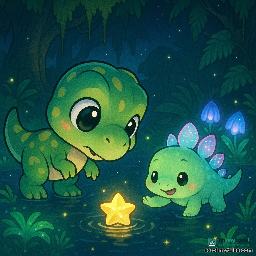 Pequeño Tyrannosaurio Rex chibi y adorable, ojos grandes y brillantes, expresión tímida pero curiosa, piel verde con motivos amarillos y pequeñas garras redondeadas, avanzando suavemente y mirando una estrella caída en el agua; la estrella, como una joya dorada flotante, emite un resplandor suave y pulsante; Stella, pequeño estegosaurio chibi con placas translúcidas y brillantes, sonríe, flota sobre el agua y extiende una pata amiga hacia Rex; plantas fosforescentes bordean el pantano con helechos gigantes y flores-lámpara azules y violetas que proyectan reflejos; el agua es un espejo negro tranquilo con pequeñas ondas y reflejos estelares, y luciérnagas flotan alrededor; fondo de árboles gigantes de troncos nudosos, musgo y lianas, cielo nocturno profundo; ambiente mágico y reconfortante en tonos pastel luminosos, contornos suaves y luz cálida alrededor de la estrella; composición: Rex en primer plano a la izquierda, la estrella en el centro frente a él, Stella un poco a la derecha y en retroceso, plantas luminosas enmarcando la escena.