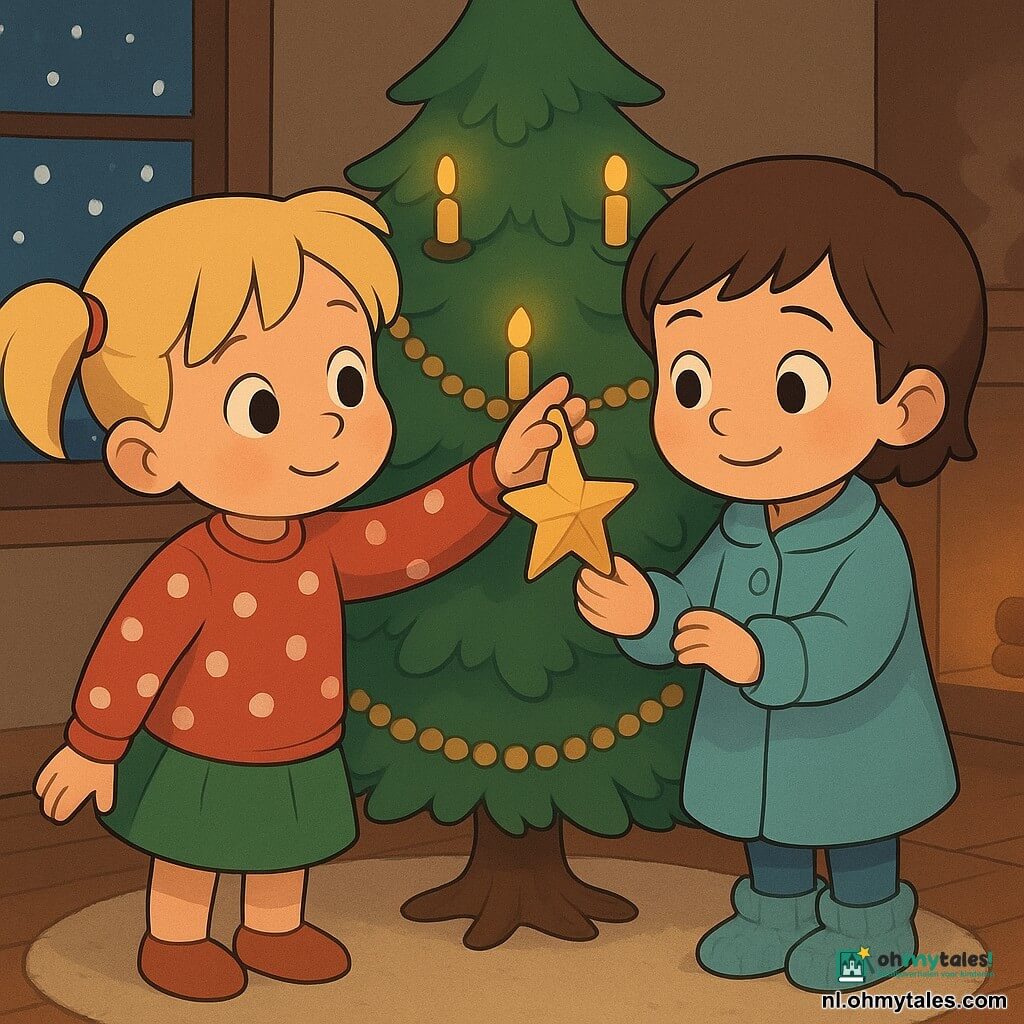 Twee meisjes van 3 jaar staan bij een grote kerstboom in een gezellig woonkamer 's nachts: links een blond meisje met twee staartjes, ronde roze wangen, grote glanzende ogen, rood truitje met witte stippen en groene rok, die met haar rechterhand naar een kleine papieren ster aan een tak reikt; rechts een kastanjebruin kortharig meisje met verlegen glimlach, lichtblauwe jas en wollen slofjes, dat de tak zachtjes vasthoudt met haar linkerhand terwijl haar vriendin de ster rechtzet; de groene boom staat centraal, versierd met zachte gele kaarsjes en gouden slingers, door het raam vallen dikke sneeuwvlokken, warme zachte verlichting en lichte rook uit een haard aan de rechterkant, de scène is intiem en rustig met warme kleuren en zachte texturen.