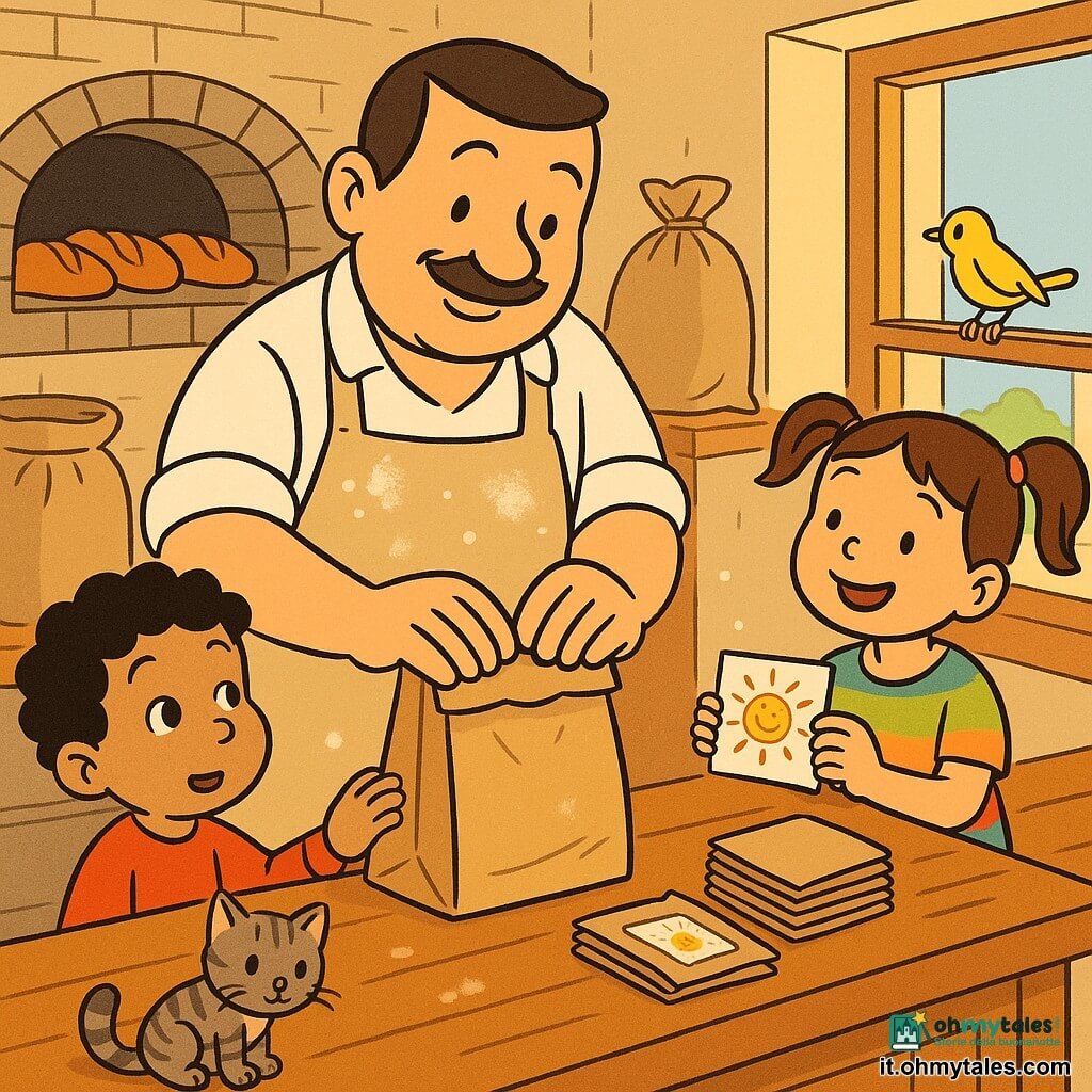 Un uomo — il panettiere Luca — sorridente e caloroso, volto rotondo, baffi sottili, capelli corti castani, grembiule beige infarinato, piega un sacchetto di carta con mani larghe e abili; espressione benevola e concentrata. Un bambino di circa 5 anni, capelli ricci neri, occhi stupiti, a sinistra del banco tocca il bordo del sacchetto; una bambina di circa 7 anni, capelli in due codine, vestito colorato, a destra tiene un disegno di sole ed è impaziente e sorridente. Un gattino tigrato grigio su una mensola bassa osserva, un uccellino giallo sul davanzale della finestra che dà sulla strada. La panetteria è intima e luminosa: banco di legno lucido, polveri di farina nell'aria, sacchi di farina, forno a pietra aperto con pane dorato, piccoli sacchetti di carta impilati con etichette; la luce calda del mattino illumina la scena, creando ombre morbide e mettendo in risalto le texture (carta stropicciata, crosta lucida, legno levigato).
