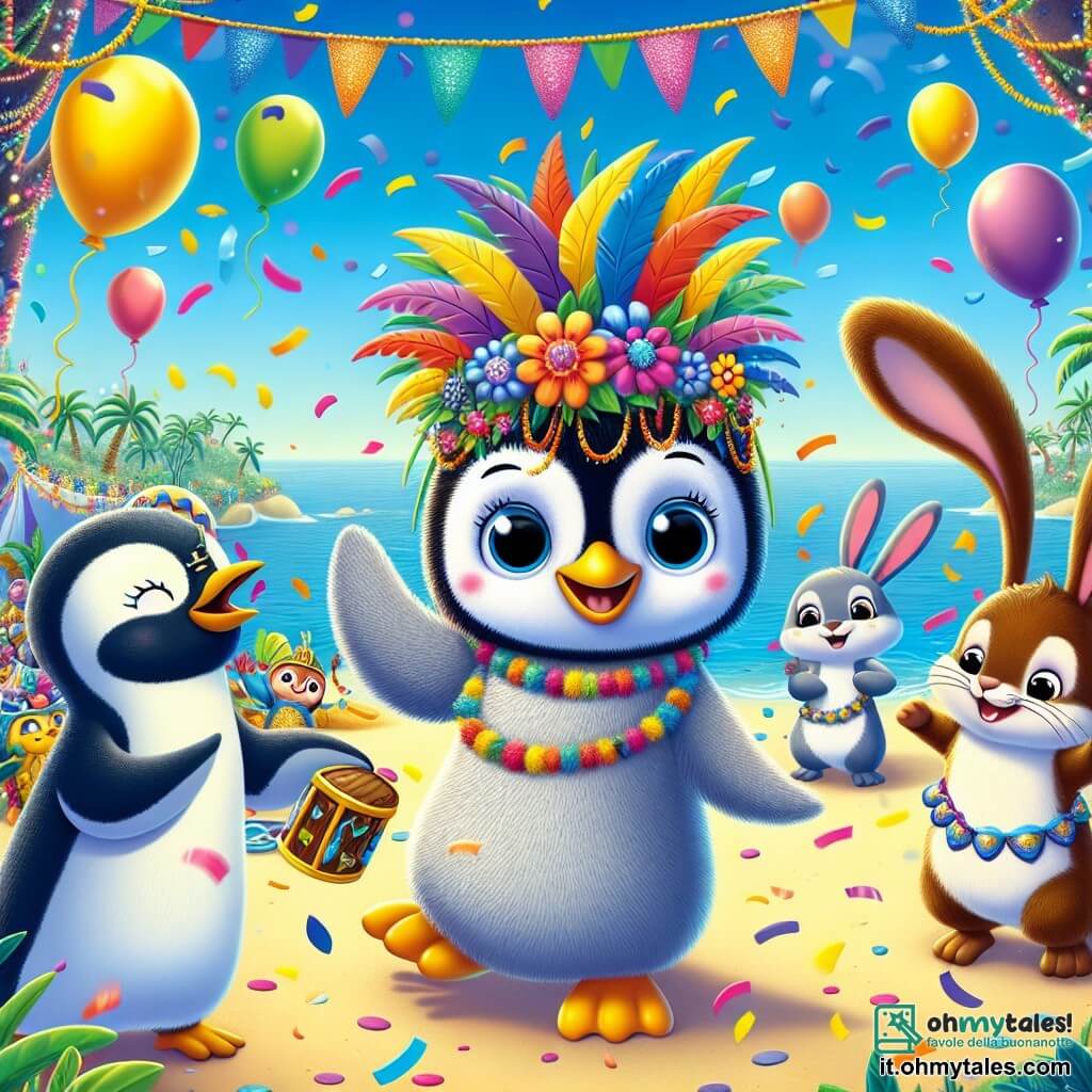 Un piccolo pinguino di nome Pino, con un piumaggio nero e bianco lucente, occhi scintillanti di gioia e un grande sorriso, balla felicemente in mezzo a una festa colorata, indossando un costume di piume multicolori. Accanto a lui, la sua migliore amica Freddi, una foca dagli occhi dolci e dal manto argentato, applaude con entusiasmo, le pinne sollevate in aria, mentre un coniglio di nome Bobo, con grandi orecchie e un manto marrone, salta intorno a loro, ridendo e tenendo una mappa del tesoro. La scena si svolge su un'isola soleggiata, decorata con ghirlande di fiori e palloncini colorati che fluttuano nel cielo blu, con coriandoli che cadono dolcemente intorno a loro. Sullo sfondo, un grande albero maestoso si erge, sotto il quale si nasconde un forziere del tesoro. I personaggi festeggiano insieme, circondati da musica e risate, pronti a condividere la loro gioia e le loro scoperte con tutti gli altri animali del carnevale.