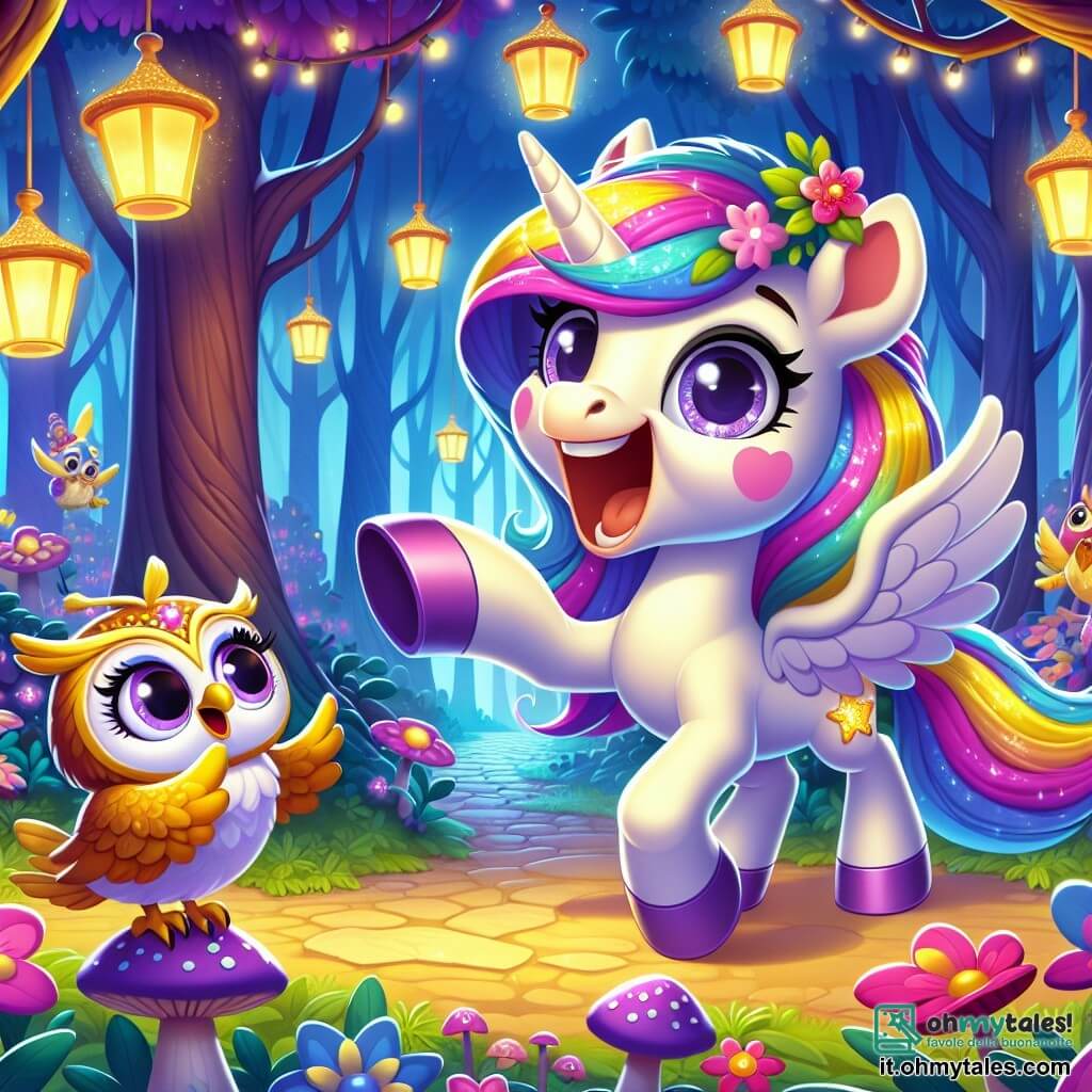 Una unicornia gioiosa e scintillante, di nome Lilla, si trova al centro della scena. Ha una criniera flamboyante dai colori dell'arcobaleno, occhi brillanti e un sorriso radioso che esprime il suo entusiasmo. Lilla sta raccontando una barzelletta, con le zampe anteriori sollevate in un gesto teatrale, circondata da risate. Accanto a lei, un piccolo gufo dorato, con grandi occhi rotondi e piume scintillanti, applaude con entusiasmo. È posato su un ramo, guardando Lilla con ammirazione. Sullo sfondo, la Foresta Incantata è piena di alberi maestosi con tronchi spessi e foglie luminose, illuminate da lanterne colorate sospese. Fiori brillanti e funghi giganti decorano il suolo, creando un'atmosfera magica e festosa. La scena principale mostra Lilla pronta a raccontare una delle sue migliori barzellette al pubblico, composto da creature incantate che ridono e applaudono, creando un'atmosfera gioiosa e vivace.
