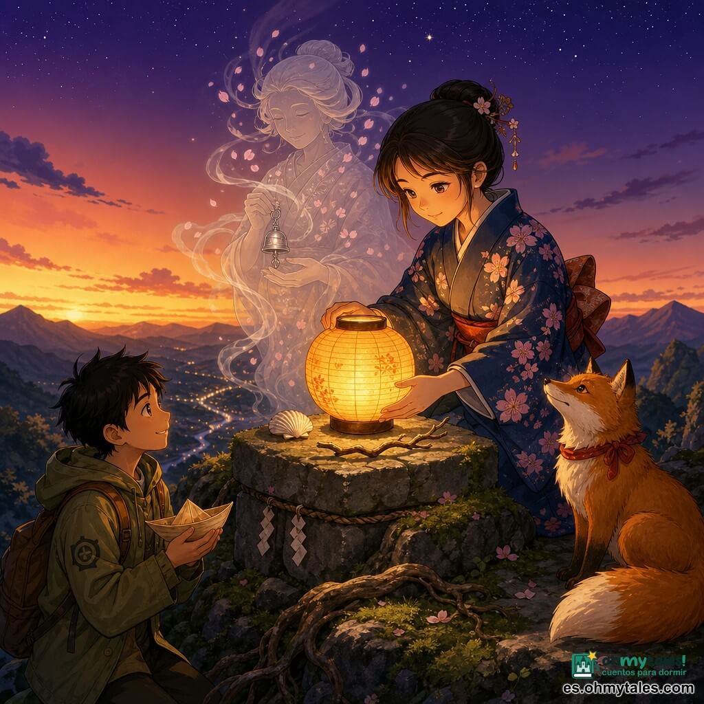 Una mujer (Aiko) de rostro dulce y decidido, ojos avellana, kimono índigo con sakuras rosas, coloca una pequeña linterna de papel amarillo-anaranjada en un altar de piedra con expresión serena; un chico (Kenji, ~12 años) de pelo negro revuelto y chaqueta kaki la observa desde un poco más abajo con admiración, sosteniendo una barca de papel; un zorro rojizo de cola espesa con una cinta roja al cuello está sentado a la derecha mirando la linterna; detrás del altar flota un espíritu guardián en forma de anciana hecho de niebla plateada y pétalos, ofreciendo una campanilla plateada; lugar: cima montañosa rocosa al crepúsculo, musgo verde y raíces, pequeñas ofrendas en el altar, cielo naranja-violáceo con estrellas nacientes y valle con arroyo reflejando luces; la linterna ilumina los rostros, atmósfera cálida, texturas nítidas y contraste entre la linterna amarilla y el cielo violeta, composición centrada y clara para niños.