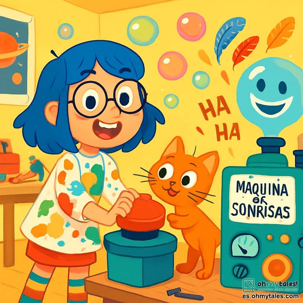 Una joven llamada Celia, con cabello azul brillante y gafas redondas, sonríe entusiasmada mientras sostiene un gran botón rojo. Lleva una blusa multicolor cubierta de manchas de pintura y calcetines a rayas. A su lado, un gato naranja llamado Tomatito, con grandes ojos curiosos, está de pie sobre sus patas traseras, listo para presionar el botón de la máquina. Su taller es una habitación luminosa, llena de paredes pintadas de amarillo brillante, carteles de planetas y numerosas herramientas esparcidas sobre mesas de madera. Burbujas de colores flotan en el aire, creando un ambiente alegre y lúdico. Celia y Tomatito están probando su invento, una máquina de hacer sonrisas, que emite burbujas gigantes y plumas de colores, mientras un coro de risas de niños resuena a su alrededor.