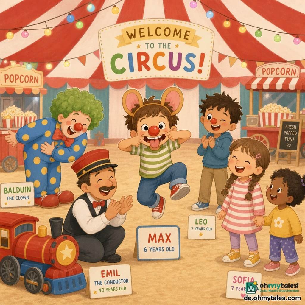 Sechsjähriger Max, rundes Gesicht, strahlende Augen und breites Lächeln, trägt eine große rote Nasenmaske und eine Maske mit großen Ohren, springt in der Mitte der Manege und macht eine komische Grimasse; Emil, erwachsener Zugführer ~40, dünner Schnurrbart und roter Schaffnerhut, hockt neben einem kleinen rot-gelben Spielzeugzug im Hintergrund und lacht, klatschend; Balduin, Clown ~50, grüne lockige Perücke und blaues Kostüm mit gelben Punkten, steht links von Max und verbeugt sich komisch; Mädchen ~7 mit braunen Zöpfen und gestreiftem Kleid hält die Hand eines anderen Kindes rechts der Manege und blickt kichernd zu Max; Junge ~6–8 mit kleiner roter Schein-Nase und zerzausten Haaren zwinkert und klatscht hinter Max; großes Zirkuszelt innen mit beigem Strohboden, rot-weißer runder Manege, rot-weiß gestreiftem Dach, Lichtergirlanden, Wimpeln und Popcornkartons im Hintergrund; Szene: festlicher Moment, Max als „Elefanten-Clown“ mit mehreren Masken im Mittelpunkt unter weichem Scheinwerferlicht, umgeben von Freunden und Clowns, helle, kräftige Farben, kawaii-minimal Stil mit einfachen Formen, weichen Konturen und flachen Texturen.
