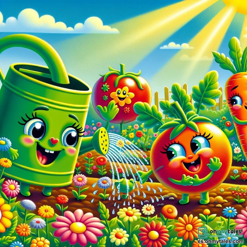 En un jardín colorido y soleado, una alegre regadera verde llamada Rita, con grandes ojos brillantes y una sonrisa radiante, riega flores multicolores saltando de felicidad. A su lado, un tomate jovial llamado Tomy, redondo y rojo, con una cara sonriente, quita malas hierbas con entusiasmo, mientras que una zanahoria naranja llamada Carla, con hojas verdes y un aire decidido, lo ayuda tirando de las raíces de las plantas indeseables. El jardín está lleno de flores brillantes, verduras frescas y rayos de sol que iluminan la tierra fértil, creando una atmósfera alegre y primaveral. La escena muestra a Rita, Tomy y Carla trabajando juntos para preparar el jardín para la temporada, con risas y sonrisas, ilustrando el espíritu de equipo y la magia de la primavera.