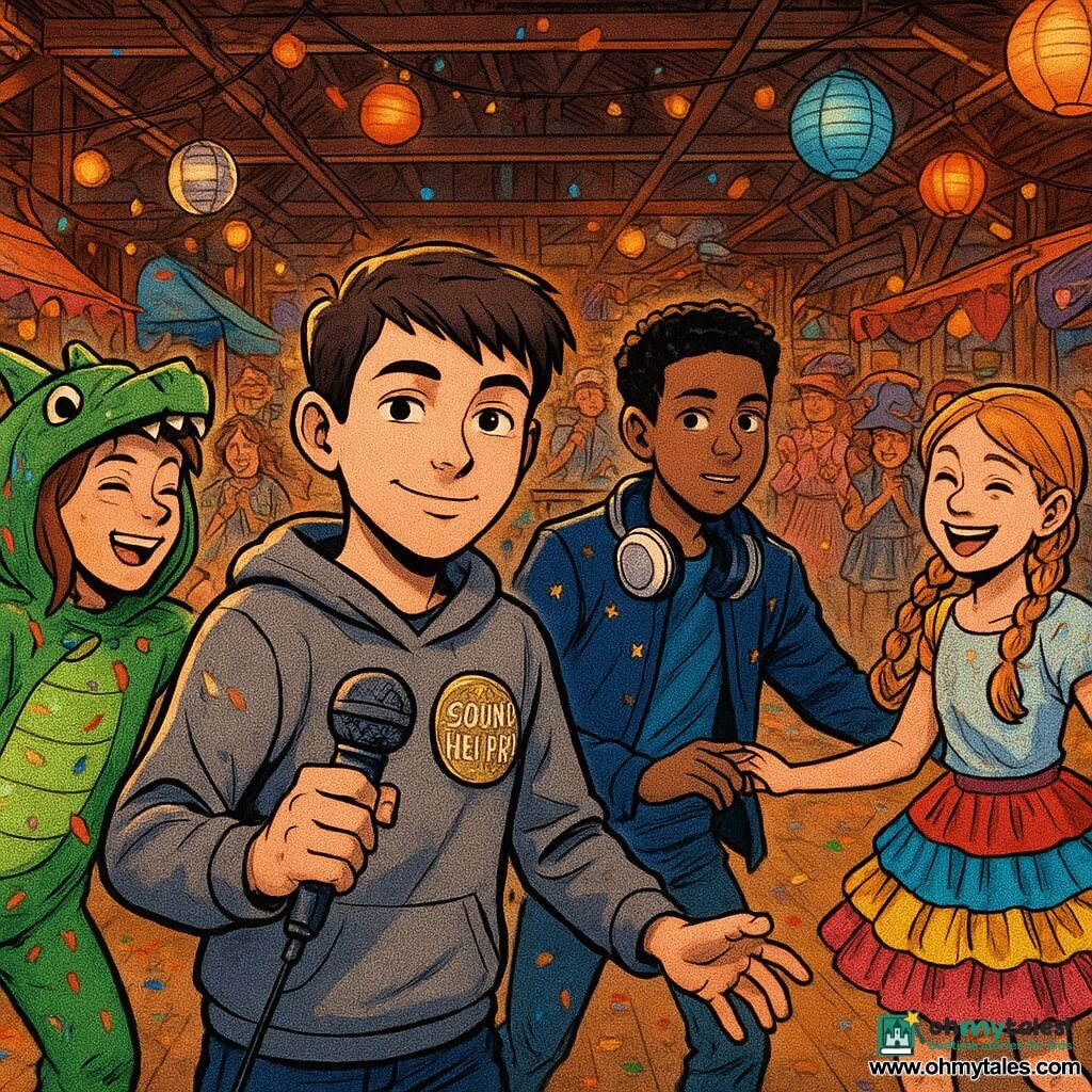 There are five children: Milo, about 12, short brown hair, wearing a gray hoodie with a shiny "SOUND HELPER" badge, holding a black microphone and standing center-left with a calm, smiling gaze toward the crowd; Jade, about 11, in a green dragon costume with felt teeth on the hood and a long tail, left of Milo with confetti on her; Amir, about 12, olive-skinned, in a navy jacket with sewn stars, right of Milo with headphones around his neck inspecting the speakers; Lila, about 10, in a layered multicolored skirt and braided hair, right of Amir, laughing and holding Sam's hand; Sam, about 12, wearing a white mask with blue waves and simple clothes, at the far right holding Lila's hand with a piece of confetti on the mask, shy but happy. The setting is a large indoor market hall with exposed wooden beams, hanging colored paper lanterns, string lights, stalls with fabrics and masks, and a small soundboard with visible cables on a stage; a disco ball casts colored light spots on the wooden floor. A colorful conga line winds through the stalls amid varied costumes and applauding spectators; Milo tests the mic as the crowd claps, Jade sparkles with glitter, Amir checks the speakers, Lila guides Sam in the dance, with festive energy, suspended confetti, warm lights, and bursts of color.