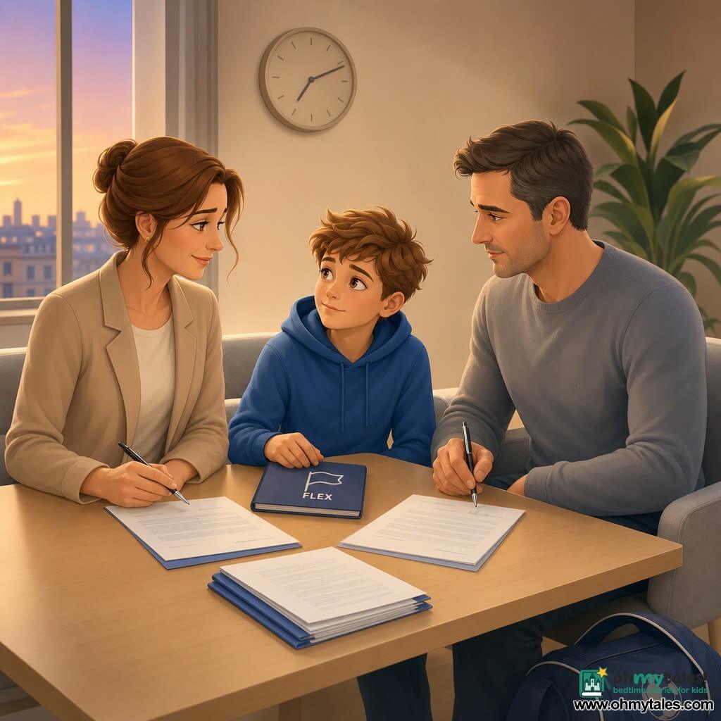 Three characters: Milo, a 10–11-year-old boy with tousled light brown hair and hazel eyes in a blue hoodie seated at the corner of a large table with one hand on a small notebook labeled “FLEX”; his mother, about 35–40, with brown hair in a loose bun wearing a soft beige jacket, sitting left of Milo, holding a pen above a sheet to sign and looking at him compassionately; his father, about 35–40, with short dark hair in a gray sweater, sitting right of Milo, calm and focused with another pen ready to sign and a discreet sports bag on the floor. They are in a small bright meeting room with modern furniture—light wood table, gray upholstered chairs, a neat stack of documents, two pens side by side, a round wall clock, a window letting in soft evening light, sand-colored walls and a green plant. The parents are signing a custody agreement on the table; Milo sits between them, calm but moved, the scene conveying stability and care rather than conflict, with paper, pens, hands and gazes forming a visual triangle centered on Milo and soothing colors and lighting; small concrete details include a black pen, a paperclip, the “FLEX” notebook and a half-full coffee cup.