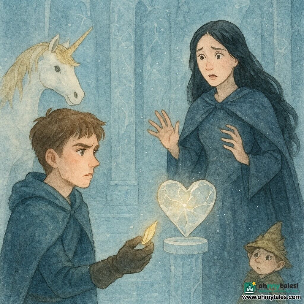 A young man (about 17) in a glove holds a small hot glass shard, face determined yet vulnerable, offering it toward a large cracked crystal heart on a pedestal; an adult woman, Morwenna (about 40), in a black dress and frosted cloak with ink‑black hair watches a few steps back, surprised and sad, hands hesitant near the ice heart; a unicorn with milky white coat and golden mane stands behind the boy with a soft gaze and a faint golden horn glow; a tiny gnome (~30 cm) peeks from behind an ice column wearing a dry‑leaf hat, looking amazed; the scene is a frozen great hall with translucent ice walls engraved with flakes and black vines, frost sparkles, tall columns and a polished reflective floor; the key moment shows the shard warming the air as luminous cracks run through the crystal heart, a mood of gentle tension and nascent hope; palette: cool blues and silvery grays with subtle warm accents (gold, pale pink); style: delicate watercolor, granular textures, white gel‑pen highlights on ice and frost.
