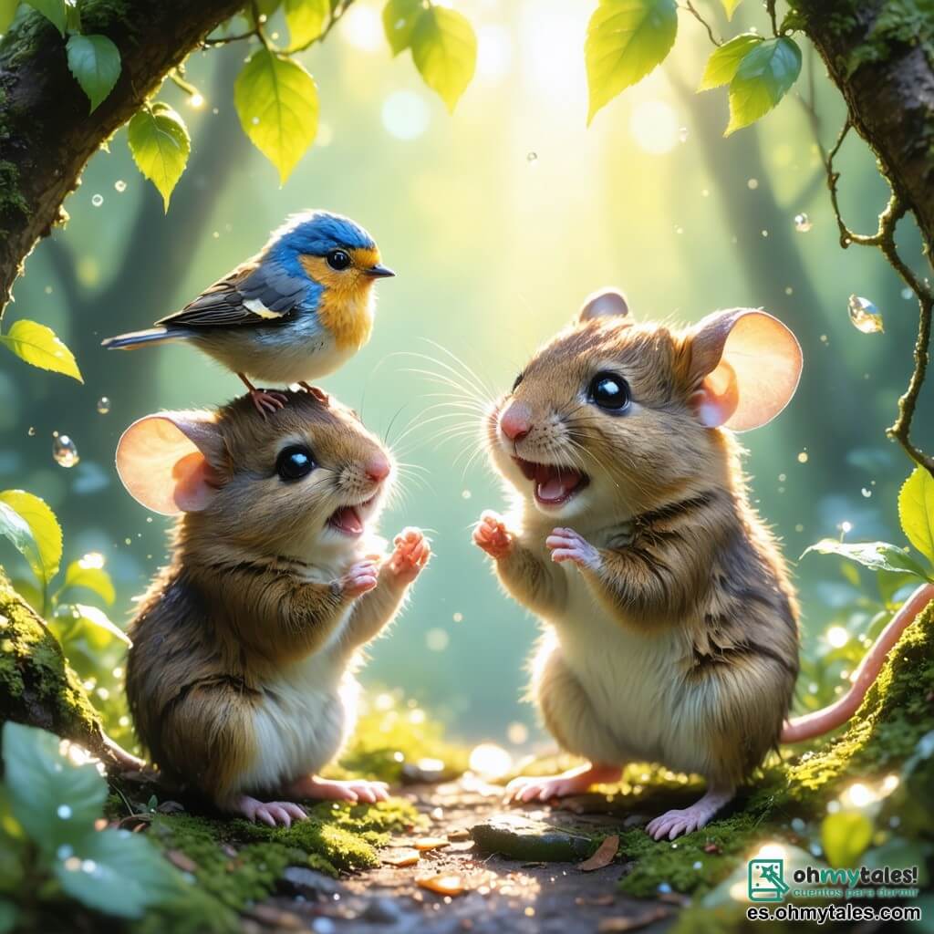 Una pequeña ratona llamada Valentina, con un pelaje suave y marrón, grandes ojos brillantes de curiosidad y bigotes temblorosos, se encuentra en el centro de la escena, sonriendo y llena de entusiasmo. Está ayudando a un pequeño pájaro de plumas coloridas, que parece alegre y agradecido, posado en una rama justo encima de ella. El lugar es un hermoso bosque encantado, donde los rayos del sol filtran a través de las hojas verdes, creando patrones luminosos en el suelo cubierto de flores brillantes y musgo suave. La situación principal muestra a Valentina extendiendo una hoja como una alfombra mágica para ayudar al pequeño pájaro a regresar a su nido, con destellos de luz brillando a su alrededor, simbolizando la magia de la amistad y la ayuda mutua.