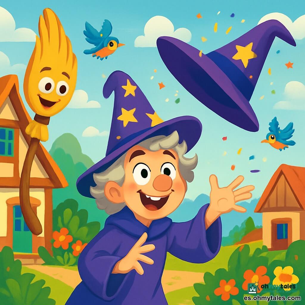 Un mago llamado Tiberio, con un gran sombrero puntiagudo violeta adornado con estrellas doradas, se encuentra en el centro de la imagen, con los ojos muy abiertos de asombro y una sonrisa traviesa. Su cabello rizado y plateado flota ligeramente al viento, mientras extiende la mano hacia un sombrero que vuela por los aires, rodeado de pequeñas chispas de colores. A su lado, una escoba parlante llamada Filomena, con ojos redondos y una expresión divertida, flota en el aire, lista para ayudar a Tiberio. El escenario es un pintoresco pueblo, con casas de madera de fachadas coloridas, flores brillantes en los jardines y un cielo azul salpicado de nubes esponjosas. En la situación principal, Tiberio, sorprendido y divertido, intenta recuperar su sombrero que vuela alegremente, mientras Filomena lo anima a actuar.