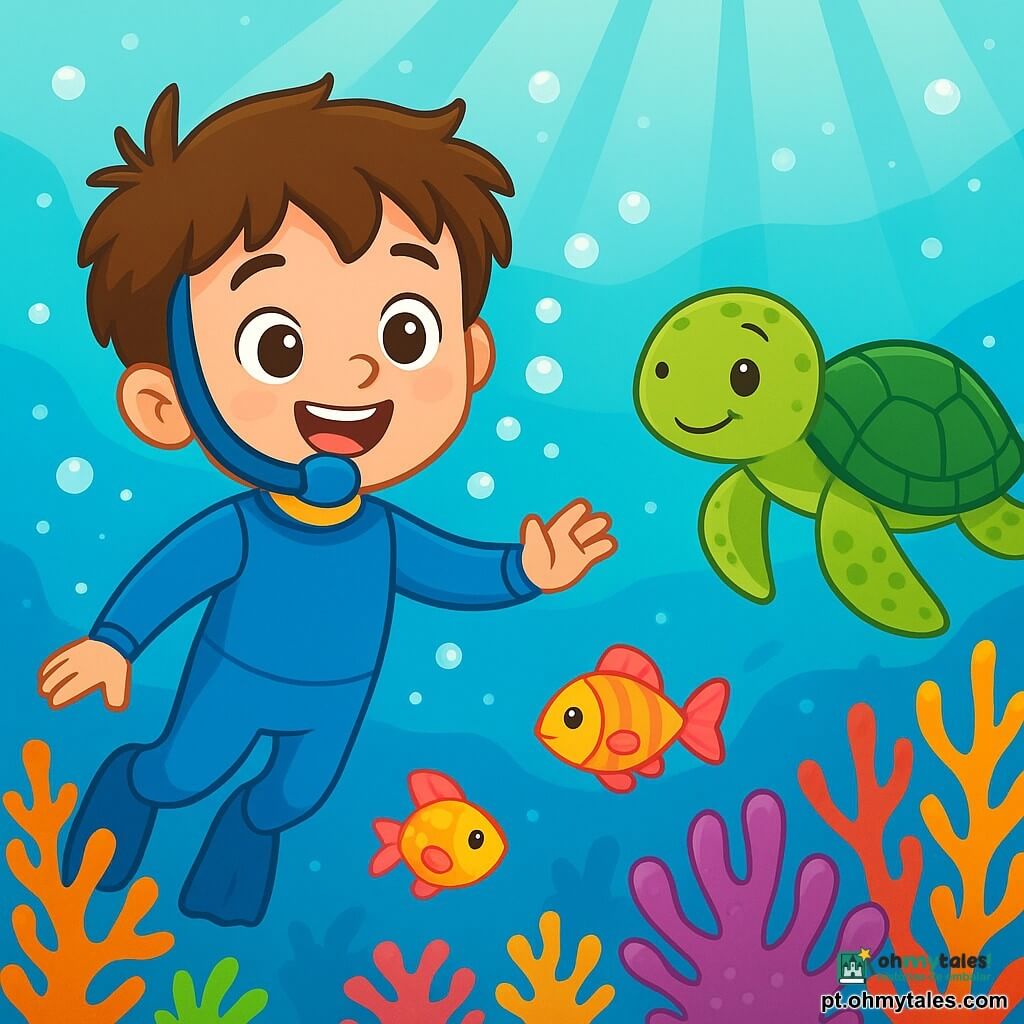 Um menino de 4 anos, Lucas, com cabelo castanho bagunçado e olhos curiosos, usa um traje de mergulho azul. Ele nada alegremente debaixo d'água, cercado por bolhas cintilantes, com um grande sorriso no rosto. Ao seu lado, uma tartaruga marinha sorridente, com um casco verde e olhos suaves, flutua pacificamente, observando Lucas com carinho. O cenário é um mundo subaquático vibrante, repleto de corais coloridos, peixes de escamas brilhantes e raios de luz que filtram pela superfície da água. Lucas explora esse reino subaquático, maravilhado com a beleza das criaturas marinhas ao seu redor, pronto para viver uma aventura inesquecível.
