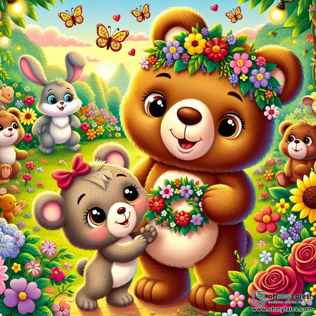 A young teddy bear, Benny, with soft brown fur and sparkling joyful eyes, stands in the center of an enchanted garden, surrounded by bright, colorful flowers. He smiles widely, holding a flower crown in his small paws, ready to place it on his mother's head. Next to him, Mama Bear, a large bear with light brown fur and warm eyes, looks at Benny with a mix of surprise and love, her arms open, ready to embrace him. In the background, forest creatures like Lizzy the mouse, with her gray fur and pointed ears, and Timmy the rabbit, with his large ears and white fur, are having fun decorating the garden with colorful flowers and leaves. The garden is filled with multicolored flowers—red roses, yellow sunflowers, and delicate violets—while fireflies sparkle in the evening air, adding a touch of magic. The scene is joyful and festive, capturing the moment when Benny reveals his surprise for Mother's Day, surrounded by his friends and his mother's love.
