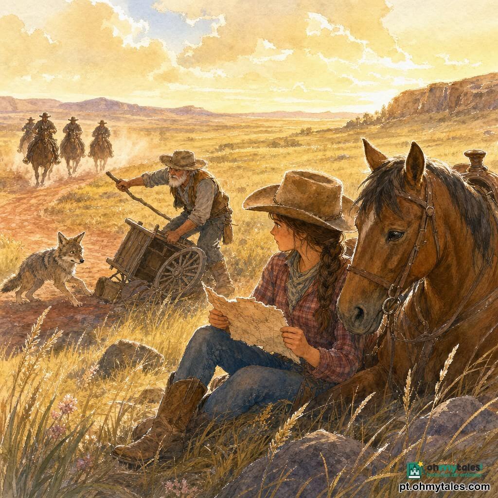 Uma jovem cowgirl de 18–22 anos, pele bronzeada, trança sob um chapéu de cowboy gasto, camisa xadrez e botas empoeiradas, segura um pedaço de mapa rasgado e senta ao lado do seu cavalo castanho, olhando para ele; um homem idoso de ~60 anos, rosto enrugado e barba branca, tenta endireitar uma carroça virada e abana um bastão para afugentar um coiote nervoso a poucos passos à esquerda; três cavaleiros sombrios cavalgam apressados pela estrada de terra ao fundo, levantando poeira; a cena passa numa vasta pradaria dourada com uma estrada vermelha que leva a um desfiladeiro marcado no mapa; situação principal: a cowgirl encontra um mapa empoeirado perto da carroça virada e hesita entre ajudar o velho ou enfrentar os cavaleiros que se aproximam, sob um céu dourado de fim de tarde.