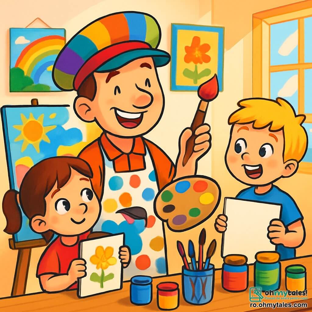 Un bărbat vesel, cu fața zâmbitoare și plină de entuziasm, poartă o pălărie mare și colorată și un șorț cu buline. El ține o paletă de vopsea într-o mână și un penson în cealaltă, pregătit să creeze o operă de artă. Lângă el, o fetiță cu codițe, de aproximativ 7 ani, cu ochii strălucind de curiozitate, ține o pânză mică și privește cu admirație munca pictorului. Un băiat cu părul blond, de 6 ani, se află puțin în spate, ținând o foaie mare albă, cu fața marcată de emoție și dorința de a desena. Scena se desfășoară într-un atelier luminos, plin de culori vii, cu pereții acoperiți de tablouri strălucitoare, borcane cu vopsea de diverse nuanțe împrăștiate pe masă și raze de soare filtrându-se prin fereastră. Pictorul și copiii creează împreună o mare pictură colorată, fiecare adăugând o notă personală, râzând și împărtășind idei, într-o atmosferă de bucurie și creativitate.