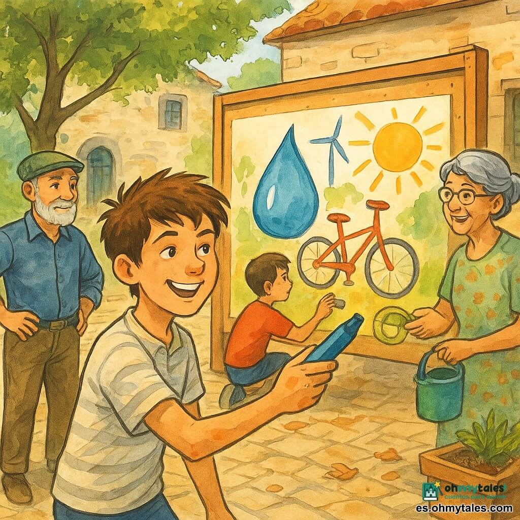 Un niño de 12 años, alegre pero concentrado, pelo castaño despeinado y manchas de pintura en los dedos, con camisa de rayas clara, dibuja un gran mural en un panel de corcho; sostiene un rotulador azul y sonríe con determinación; a su derecha, ligeramente atrás, una anciana de unos 70 años (la abuela) con cabello gris recogido en moño y vestido de flores reparte rollos de cinta adhesiva; a la izquierda, un hombre de unos 72 años (el abuelo) con gorra y barba blanca corta mira orgulloso con las manos en las caderas; cerca del fondo, la vecina de unos 60 años (la señora Clara) de pelo corto y gafas sostiene un pequeño bidón de agua y sonríe; un adolescente de 12 años (Iker) en camiseta deportiva pinta una gran bicicleta roja en el mural, agachado y concentrado; lugar: una pequeña plaza de pueblo soleada con adoquines irregulares, bancos de madera, una biblioteca de piedra con ventana abierta, árboles y hojas secas en el suelo; situación: la comunidad pinta un mural colectivo sobre el ahorro de agua y energía, colores vivos, trazos visibles, carteles sencillos pegados y ambiente optimista de cooperación.
