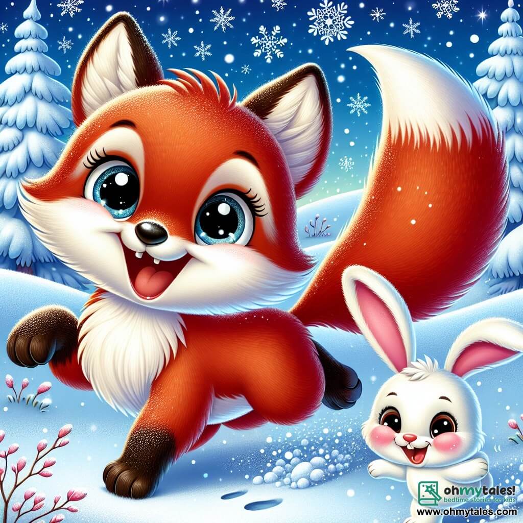 An illustration depicts a small, joyful, and curious red fox with bright eyes and silky fur, jumping in the snow, leaving paw prints behind, while a big smile lights up its face. Nearby, a playful and energetic little white rabbit with perked-up ears and a twitching nose is about to roll a snowman, displaying an expression of joy with rosy cheeks contrasting against the bright white snow. The setting is an enchanted forest, with trees covered in a thick layer of shimmering snow and gentle snowflakes falling from the light blue sky, creating a magical and peaceful atmosphere. The main scene shows the fox and the rabbit playing together in the snow, laughing and having fun, surrounded by fairy-tale winter landscapes. Other graphic elements include swirling snowflakes, footprints in the snow, and a backdrop of softly snow-covered hills, enhancing the magic of winter.