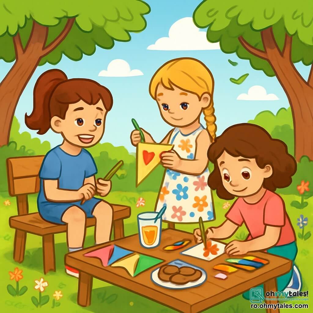 Există 3 personaje: - Lara: o fată de 10 ani, cu părul brun prins într-o coadă de cal înaltă, îmbrăcată cu un tricou albastru și o fustă din blugi. Ea stă pe o bancă, zâmbitoare, ținând o ramură în mâini. - Mara: o fată de 10 ani, cu părul blond împletit, îmbrăcată cu o rochie cu flori colorate. Ea stă în picioare lângă Lara, desenând pe un steguleț din hârtie. - Sofia: o fată de 10 ani, cu părul castaniu creț, îmbrăcată cu un tricou roz și o pereche de pantaloni verzi. Ea este așezată în fața unei mese din lemn, înconjurată de materiale de artă, colorând un steguleț. Locul este un parc însorit, cu copaci mari de arțar cu frunze verzi strălucitoare, flori sălbatice colorate care cresc pe sol și o briză ușoară care face frunzele să danseze. În fundal, se vede un cer albastru deschis presărat cu câteva nori albi pufoși. Situația principală a poveștii arată cele trei prietene creând un ghirlandă colorată de stegulețe pentru ziua mamei, înconjurate de materiale de artă, biscuiți și limonadă, în timp ce împărtășesc râsete și amintiri vesele.