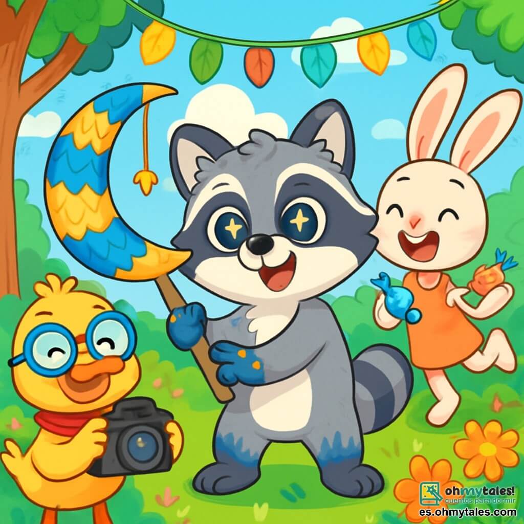 Simón, un adorable mapache con ojos brillantes como estrellas, está en el centro de la imagen, sonriendo entusiastamente mientras sostiene una piñata colorida en forma de luna, decorada con papeles dorados y azules. Sus patas están cubiertas de pintura, reflejando su arduo trabajo. A su lado, Pablo, un pato con grandes gafas redondas y una bufanda roja, está tomando fotos con su cámara, mostrando una sonrisa alegre y cómplice. Lila, una pequeña coneja con grandes orejas y pelaje suave, salta a su alrededor, riendo y sosteniendo caramelos coloridos, con ojos llenos de felicidad. El decorado es un jardín vibrante, lleno de flores brillantes bajo un cielo azul con nubes blancas esponjosas. Una guirnalda mágica, hecha de hojas de tela que cambian de color, cuelga entre dos grandes árboles, añadiendo un toque de fantasía a la escena. La situación principal muestra a Simón listo para golpear la piñata, rodeado de sus amigos, todos emocionados y listos para celebrar su cumpleaños en un ambiente alegre y festivo.