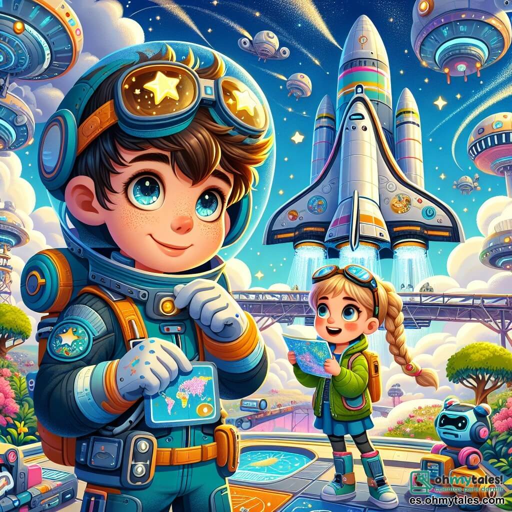 Hugo, un niño de ocho años con el pelo castaño alborotado y ojos llenos de curiosidad, está frente a su magnífica nave espacial, la Exploradora Solar. Lleva un traje de astronauta azul con estrellas brillantes, y su rostro expresa emoción mezclada con un poco de nerviosismo. A su lado, su amiga Lila, una niña de siete años con trenzas rubias y una sonrisa alentadora, sostiene una pequeña tableta con planes de viaje. Ella lleva una chaqueta verde y gafas de protección en la frente, lista para ayudarlo. El escenario es una gran plataforma de lanzamiento flotante, rodeada de jardines verticales y robots coloridos que trabajan. El cielo es de un azul brillante, salpicado de nubes esponjosas y naves espaciales que pasan a lo lejos. Hugo ajusta los últimos detalles de su nave, mientras Lila le muestra las cartas estelares. Se preparan para una increíble aventura por el espacio, soñando con descubrir mundos desconocidos y estrellas brillantes.