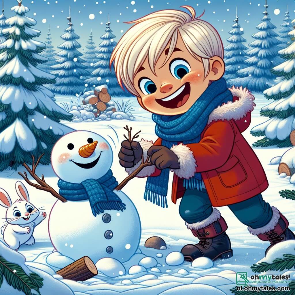 Een 5-jarig jongetje, genaamd Lars, met rommelig blond haar en roze wangen, glimlacht vrolijk terwijl hij een sneeuwpop bouwt in een winterbos. Hij draagt een dikke rode jas, een blauwe sjaal en een paar grote zwarte laarzen, zijn ogen stralen van opwinding. In de buurt kijkt een klein wit konijn met grote oren nieuwsgierig naar Lars, terwijl het op zijn achterpoten in de sneeuw staat. De omgeving is een betoverd bos, waar grote sparren bedekt zijn met sprankelende sneeuw en de grond bedekt is met een dikke laag poedersneeuw. Sneeuwvlokken vallen zachtjes uit de heldere blauwe lucht, wat een magische sfeer creëert. De belangrijkste situatie toont Lars die lacht en plezier heeft met het vormen van de sneeuwpop, terwijl hij takken toevoegt voor de armen en steentjes voor de ogen, terwijl het konijn nieuwsgierig toekijkt naar deze vrolijke creatie.