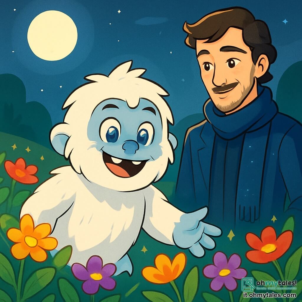 Un giovane yeti di nome Lumak, con una pelliccia bianca e morbida come la neve, si trova al centro dell'immagine, i suoi grandi occhi blu brillano di meraviglia e curiosità. Sorride mostrando i suoi denti bianchi, mentre tende la mano verso un magnifico campo di fiori colorati che lo circonda. Accanto a lui, un uomo misterioso di nome Antioch, di circa 30 anni, indossa un lungo mantello blu scintillante, i suoi occhi brillano come stelle nella notte. Si tiene leggermente in disparte, osservando Lumak con un sorriso benevolo, pronto a insegnargli i segreti della magia. Il luogo è un campo incantato, costellato di fiori dai petali dai colori vivaci: rossi, gialli, viola e dorati, che danzano dolcemente sotto una leggera brezza. La luna brilla alta nel cielo, illuminando il paesaggio con una luce argentata, creando un'atmosfera magica. La situazione principale mostra Lumak che scopre la bellezza del campo di fiori parlanti, meravigliato dal loro splendore e dal loro dolce canto, mentre Antioch lo incoraggia a esplorare questo mondo fantastico.
