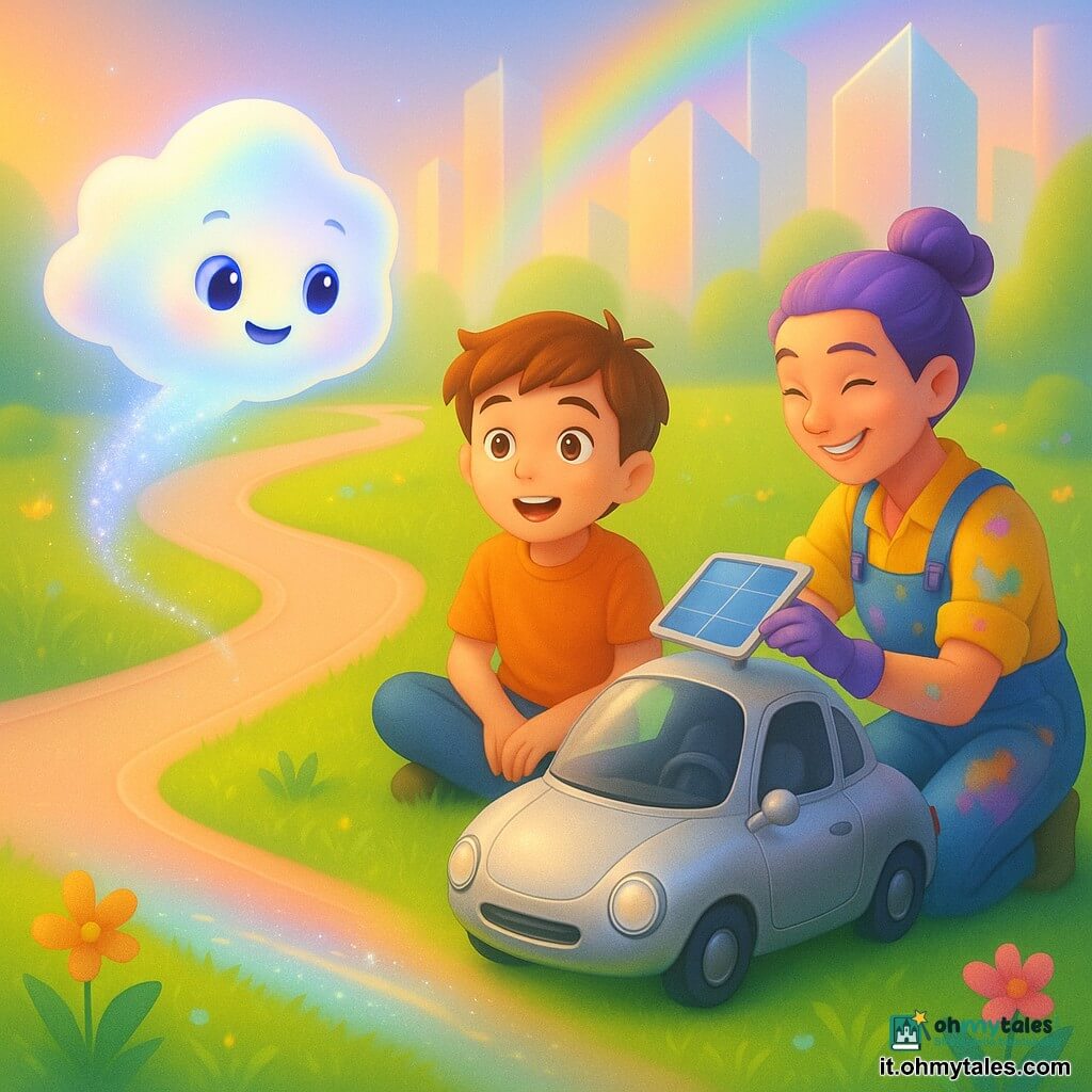 Il personaggio principale è Lumo, una piccola creatura a forma di nube luminosa, gioiosa e curiosa, dalla texture morbida e iridescente con occhi tondi brillanti, che fluttua su una pista soffice lasciando una scia scintillante; personaggi secondari: Leo, ragazzo di circa 10 anni, capelli castani, espressione sollevata e stupita, seduto sull'erba accanto a una piccola auto volante argentata che guarda Lumo; Zora, meccanica con capelli viola raccolti a chignon, tuta da lavoro colorata macchiata d'olio, sorridente e concentrata, inginocchiata ad aggiustare un pannello solare dell'auto; ambientazione: giardino urbano futuristico con vialetti curvi di materiale traslucido pesca, prato verde con fiori neon e ruscelli scintillanti, sullo sfondo edifici trasparenti e prismatici che riflettono l'arcobaleno; situazione: scena calda e luminosa di Lumo che aiuta Leo mentre Zora ripara l'auto volante, atmosfera dolce, colori pastello vivaci, luci scintillanti, composizione centrale e accogliente.