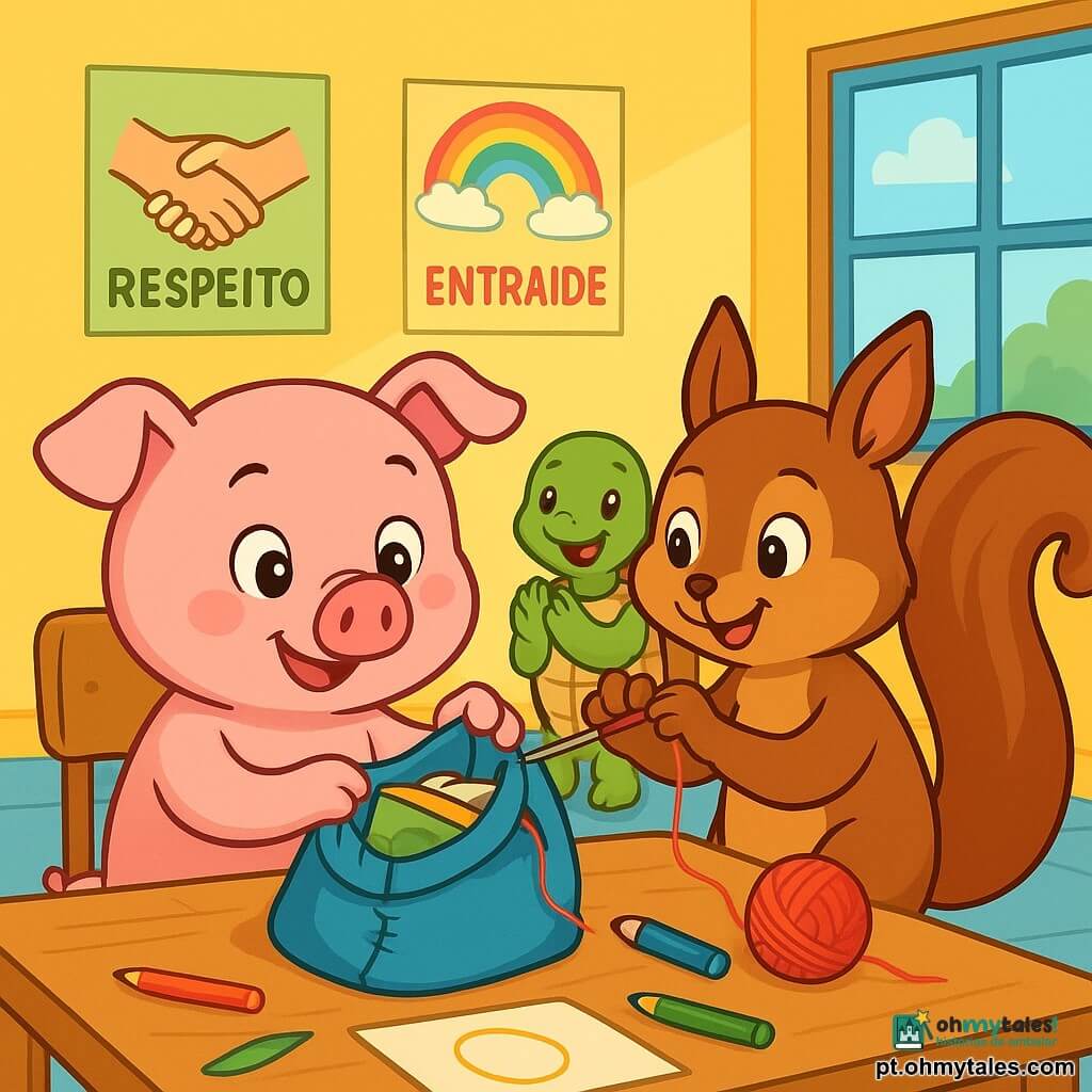 Um porquinho rosa travesso, com olhos brilhantes de curiosidade e um sorriso caloroso, está sentado em uma mesa de madeira, segurando um saco de lona azul cheio de livros e materiais escolares. Ao seu lado, um esquilo marrom de grandes orelhas, com uma expressão alegre e um ar concentrado, segura uma agulha e um novelo de linha, pronto para ajudá-lo a consertar o saco. O cenário é uma sala de aula iluminada, com paredes amarelas e janelas que deixam a luz do sol entrar, iluminando cartazes coloridos sobre respeito e cooperação. Na mesa, lápis de cor e folhas de papel estão espalhados, enquanto um grupo de amigos, incluindo uma pequena tartaruga verde e uma coruja sábia, os observa com sorrisos encorajadores. A cena principal mostra o porquinho e o esquilo costurando juntos o saco, simbolizando a ajuda mútua e a solidariedade, enquanto os outros amigos aplaudem e encorajam, criando uma atmosfera de alegria e camaradagem.