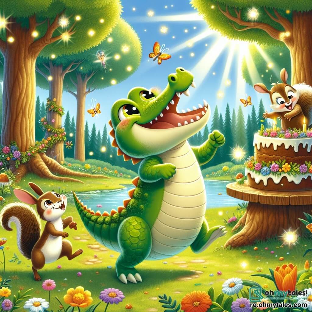 Un crocodil fericit numit Croco, cu o piele verde strălucitoare și ochi mari strălucitori, dansează în mijlocul unei poieni însorite, înconjurat de flori colorate și licurici sclipitori. Lângă el, o veveriță mică numită Zizi, cu blană maronie și o coadă pufoasă, agăță ghirlande de flori pe o ramură, râzând. Nu departe, un iepure tânăr numit Tobi, cu urechi mari și blană bej, încearcă să păstreze un tort uriaș în formă de morcov pe o masă din lemn, reținându-se să nu-l mănânce. Scena are loc într-o pădure fermecată, unde copacii majestuoși se înalță în jurul lor, iar solul este acoperit cu iarbă verde și petale colorate. Croco și prietenii săi pregătesc o mare petrecere, plină de râsete și muzică, unde toți animalele din pădure sunt invitate să li se alăture pentru a sărbători prietenia.