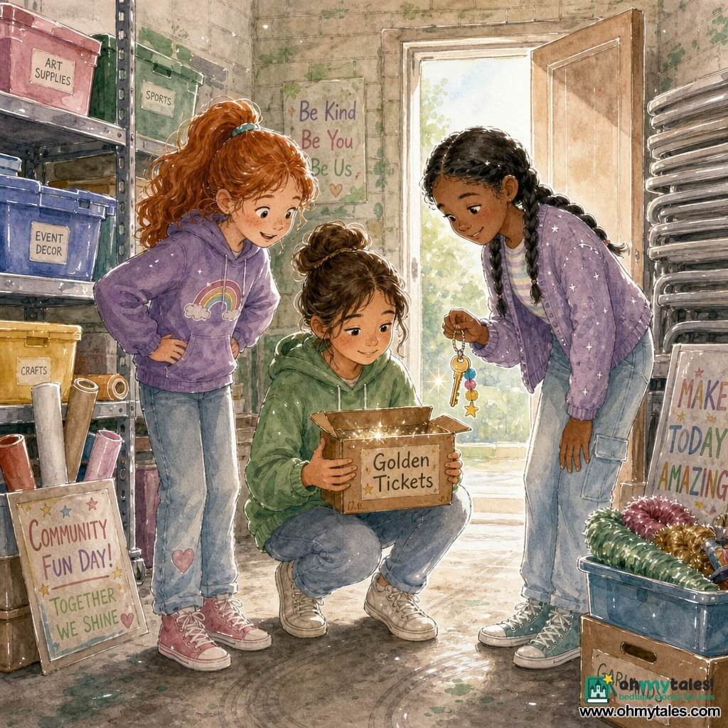 Three girls—Mina, about 10, brown hair in a bun, crouched center holding a small brown box labeled Golden Tickets; Jade, about 9, red hair in a ponytail, left with hands on hips looking excited; and Poppy, about 11, braided black hair, right smiling and holding a shiny key on a colorful tag—stand in a narrow warm community center storage room with light-stained pale brick walls, metal shelves of colored bins, folded gray tables and rolls of decorations; they have just found the box hidden behind a bin of plastic cups, soft light from an open door, glue glitter and green paint stains on the dusty concrete floor with wheel marks, and share relieved, friendly gestures and knowing looks.