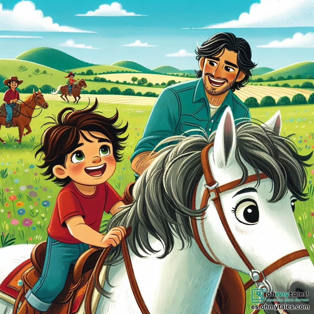Un niño de 4 años, Javier, con cabello castaño desordenado y una gran sonrisa, monta un caballo blanco llamado Estrella. Lleva una camiseta roja y un pantalón de mezclilla, y su rostro expresa alegría y emoción. A su lado, Carlos, un hombre de 30 años, con cabello negro y barba bien cuidada, lleva un sombrero de vaquero y un chaleco de jinete. Sonríe y anima a Javier mientras sostiene la rienda de otro caballo. La escena se desarrolla en un amplio campo verde, salpicado de flores coloridas y bajo un cielo azul brillante con algunas nubes blancas. A lo lejos, se ven suaves colinas y un grupo de niños montando sus caballos, riendo y jugando juntos. La situación principal muestra a Javier, un poco dudoso, que acaba de caer de su caballo, pero se levanta con valentía, listo para volver a montar, mientras Carlos lo anima y los otros niños lo aplauden, creando una atmósfera de camaradería y amistad.