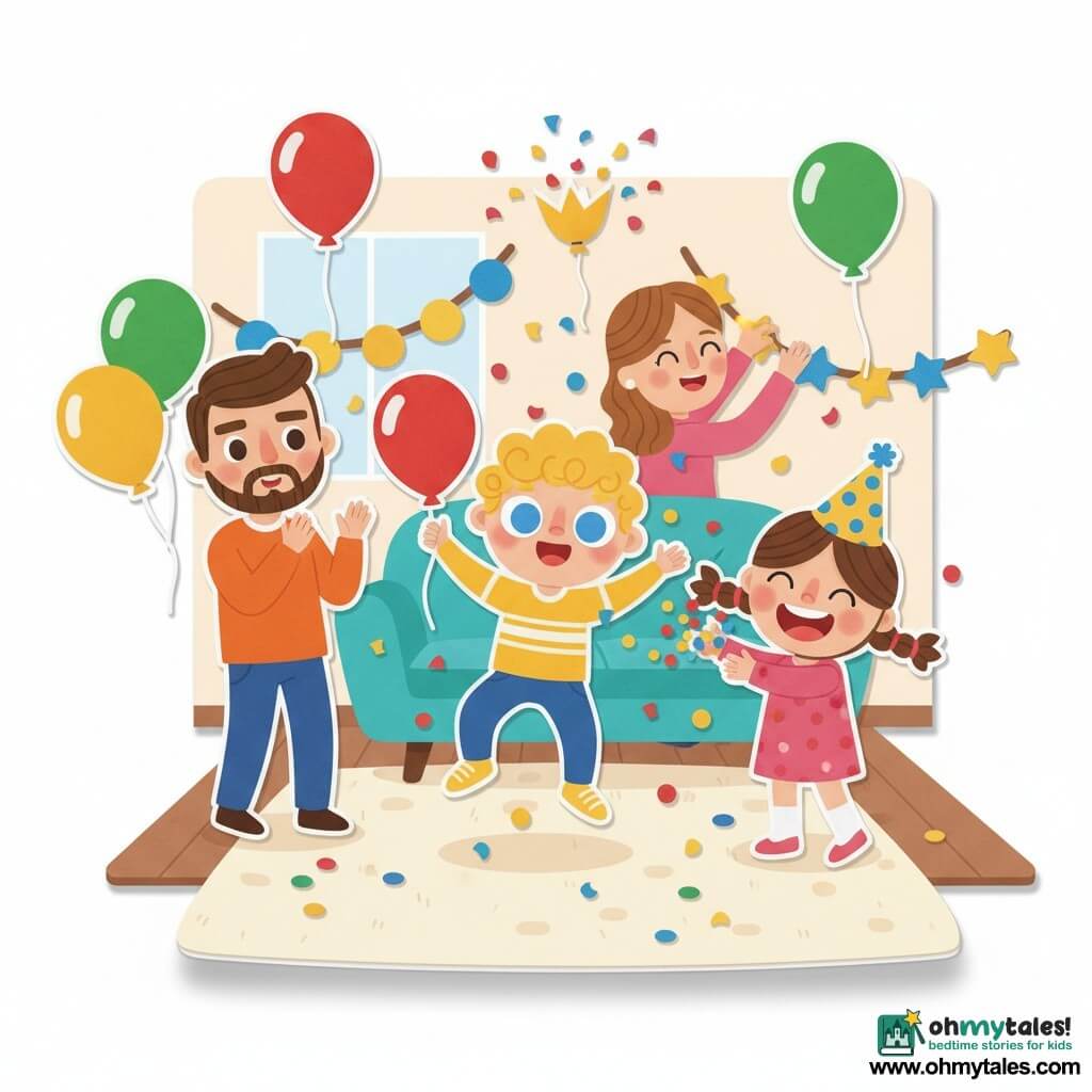 A joyful, wide-eyed 4-year-old blond curly boy with blue eyes plays with shiny confetti and holds a red balloon, a smiling, excited 4-year-old girl (Lucy) with brown pigtails and a polka-dot party hat laughs and throws confetti to his right, a warm brown-haired mother hangs string lights in the background, an amused 30–35-year-old father with light beard holds two inflated balloons and applauds to the left; the cozy colorful living room has a cream plush rug, turquoise sofa, yellow and blue string lights, red, green and gold balloons floating at the ceiling and multicolored confetti on the floor; the scene is a mini New Year’s party with children jumping and throwing confetti, balloons bursting into colorful petals, warm lighting and a festive decor in EVA foam-sticker style with simple shapes, bold outlines, thick textures and bright colors.