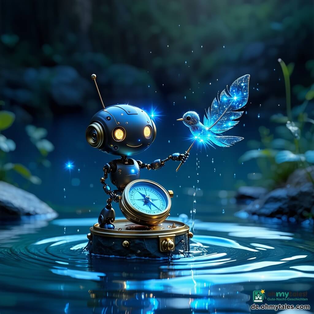Die Hauptfigur ist Fin, ein runder Messing-Kompassroboter mit zwei funkelnden Nadeln und kleinen blauen LEDs, sein eingraviertes Gesicht wirkt entschlossen und fröhlich; Fia ist eine winzige silberne Feder aus Sternenstaub, leicht und verspielt, die um Fin kreist und leuchtende Partikel hinterlässt; die Glasharfe ist ein schlankes anthropomorphes Instrument mit transparentem Körper und leuchtenden Saiten, das zurückschwebt und klingende Lichtbänder aussendet; Chrona, die Sanduhr-Wächterin, ist eine große Metall-Glas-Hybridgestalt mit fließendem, leuchtendem Sand und einem wohlwollenden Lächeln, die an einer großen Leuchtstation wacht. Schauplatz ist ein Science-Fantasy-Fjord mit spiegelndem schwarzem Wasser, schwebenden Glas-Metall-Stationen, irisierenden Nebeln und sanfter Polarlichtstimmung; die drei Freunde schweben über dem Wasser, singen und spielen, sichtbare Noten als farbige Bänder vereinen sich und öffnen ein leuchtendes Portal zu einer neuen Station, Atmosphäre magisch und warm.
