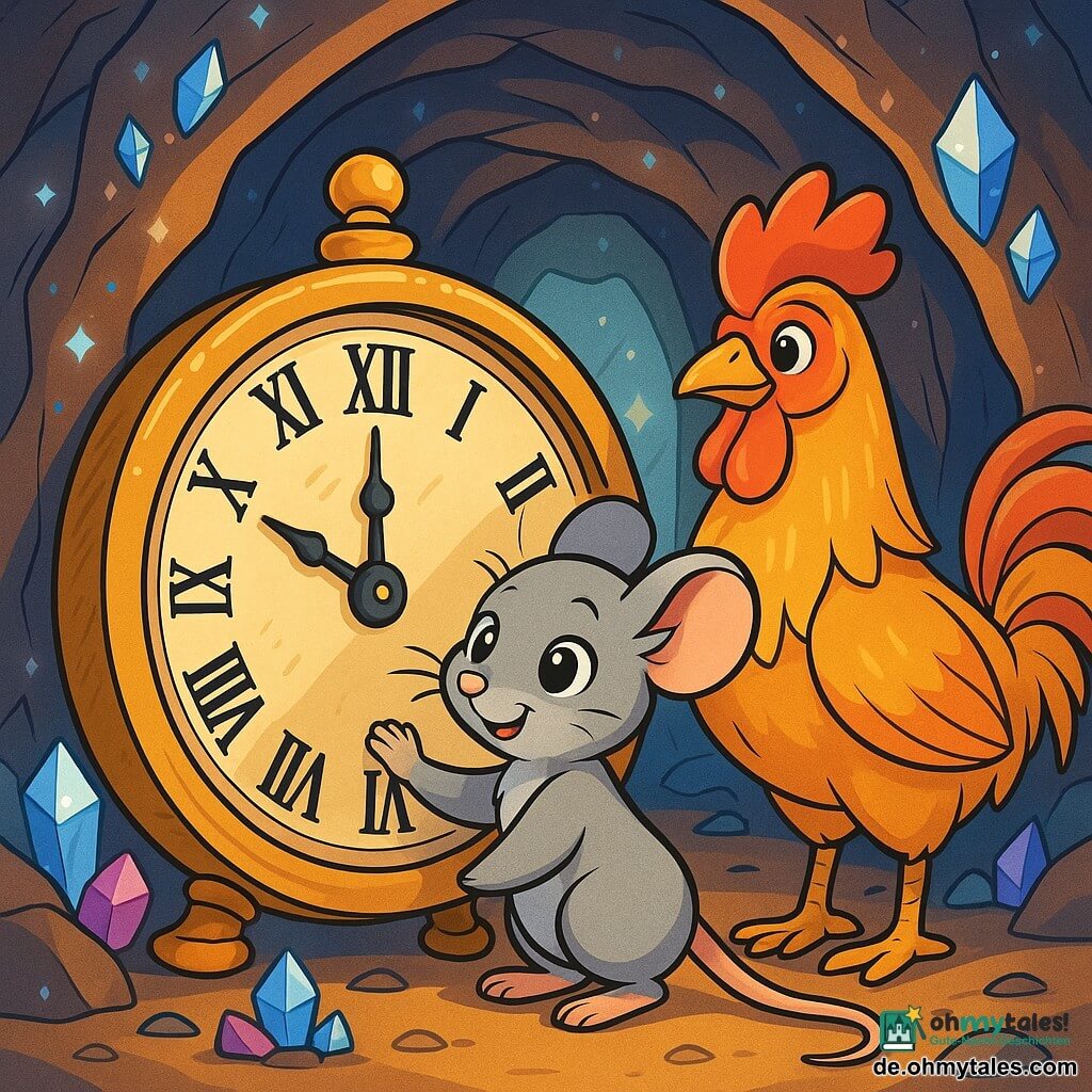 Eine kleine Maus namens Mila, mit weichem grauem Fell und glänzenden, neugierigen Augen, steht mutig vor einer großen alten Uhr, ihr Gesicht zeigt Entschlossenheit und Staunen. An ihrer Seite steht ein majestätischer goldener Hahn mit strahlenden Federn und einem dankbaren Blick, bereit, sie zu ermutigen. Sie befinden sich am Eingang einer geheimnisvollen Höhle, umgeben von funkelnden Wänden, die mit glitzernden Kristallen geschmückt sind, durch die sanftes Licht schimmert. Die Hauptsituation zeigt Mila, die ihre kleine Pfote auf die große Uhr legt, bereit, sie zu reparieren, während der Hahn sie bewundernd beobachtet, was eine Atmosphäre von Abenteuer und Magie schafft.