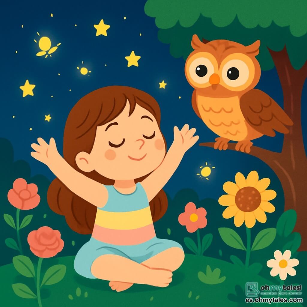 Una niña de 4 años, llamada Luna, con largos cabellos castaños y ojos brillantes, está sentada en un jardín secreto. Lleva un vestido ligero de colores pastel, y su rostro expresa serenidad y alegría. Está respirando profundamente, con los brazos levantados hacia el cielo, como un árbol que se estira. A su lado, un viejo búho sabio, con plumas suaves y ojos redondos y brillantes, la observa con benevolencia. Está posado en una rama de árbol, con las alas ligeramente desplegadas. El jardín está lleno de flores brillantes, como rosas, margaritas y girasoles, que bailan suavemente al viento. Luciérnagas centelleantes iluminan el aire, creando una atmósfera mágica y relajante. Luna, en plena sesión de yoga, se concentra en su respiración, rodeada de la belleza de la naturaleza. Las luciérnagas forman un halo luminoso a su alrededor, mientras ella se transforma en una estrella brillante en la noche estrellada.