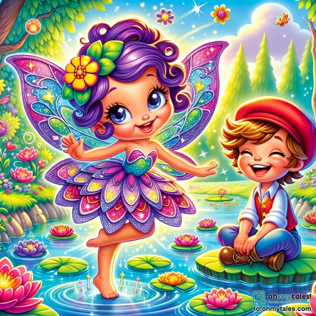 O mică zână pe nume Flutura, cu aripi strălucitoare de nuanță violet, dansează vesel pe o frunză de nufăr. Fața ei este luminată de un zâmbet larg, iar ochii îi strălucesc de năzdrăvănie și curiozitate. Poartă o rochie din petale de flori multicolore care se învârt în jurul ei. Lângă ea, un băiat de 8 ani pe nume Andrei, cu părul castaniu în dezordine și o șapcă roșie mare, râde cu poftă. Stă pe o piatră, cu picioarele încrucișate, ținând în mâini o mică panoplie de sclipici, pregătit să se distreze. Decorul este situat pe malul unui lac însorit, înconjurat de copaci mari cu frunze în formă de inimă, iar flori colorate împrejmuiesc apa strălucitoare. Nori pufoși dansează pe cerul albastru, adăugând o notă de magie scenei. Flutura și Andrei se pregătesc să facă un spectacol de dans și râsete, înconjurați de bule de sclipici care plutesc în aer, creând o atmosferă veselă și jucăușă.