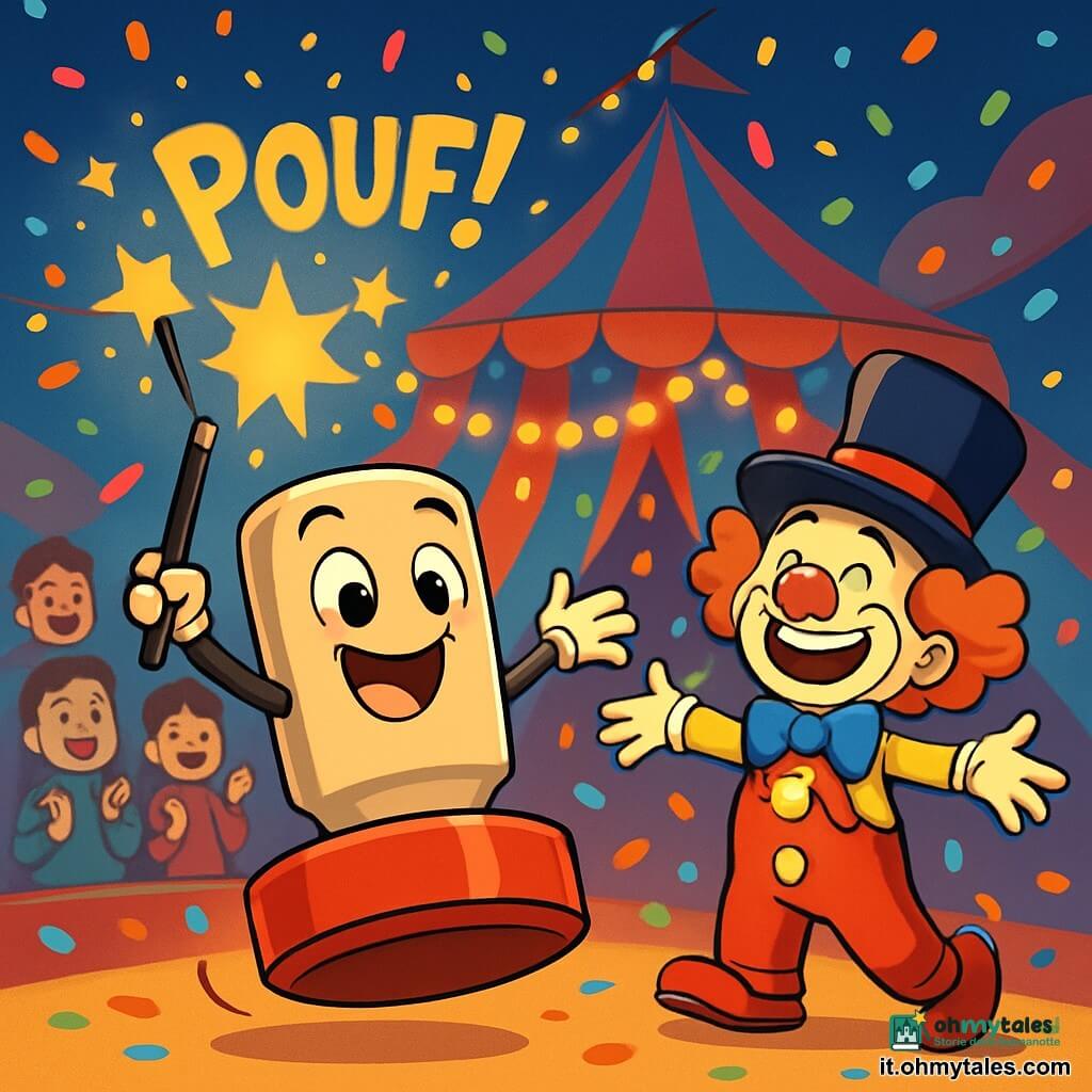 Timbro, un timbro da circo cilindrico con una base rossa brillante e una testa sorridente, è al centro della scena, con gli occhi scintillanti di gioia, mentre salta con entusiasmo. La sua bacchetta magica è sollevata, pronta a fare "POUF!" e liberare stelle scintillanti. Accanto a lui, il Cappello a Cilindro, un clown con un grande cappello nero e un naso rosso, ride a crepapelle, con le braccia aperte, circondato da coriandoli colorati. Sullo sfondo, il grande tendone a righe rosse e blu è illuminato da ghirlande di luci scintillanti, mentre spettatori meravigliati, bambini e adulti, applaudono con sorrisi radiosi. La scena mostra Timbro che, con un gesto magico, fa sprizzare una pioggia di coriandoli e colori vivaci, creando un'atmosfera festosa e gioiosa nel cuore del circo.