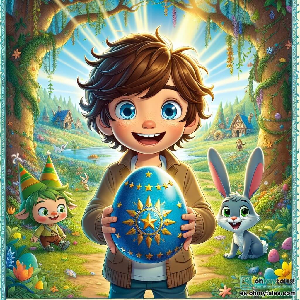 Un niño de 10 años, Lucas, con cabello castaño despeinado y ojos llenos de curiosidad, se encuentra en el centro de la imagen, sosteniendo un huevo de Pascua gigante azul decorado con estrellas doradas. Luce una amplia sonrisa, rebosante de emoción y asombro. A su derecha, un pequeño conejo llamado Tobi, con orejas largas y un sombrero de fiesta, mira a Lucas con una expresión traviesa, listo para acompañarlo en la aventura. A la izquierda, un duende travieso, con piel verde y una gran sonrisa, se esconde detrás de un árbol, observando la escena con diversión. El escenario es un hermoso bosque primaveral, donde los árboles están cubiertos de flores coloridas y el suelo está tapizado de hojas verdes. Rayos de sol filtran a través de las ramas, iluminando los rostros de los personajes y creando una atmósfera mágica. La situación principal muestra a Lucas descubriendo el huevo de Pascua mágico, rodeado de la naturaleza vibrante, listo para resolver el misterio que le espera. Las colores vivos y los detalles encantadores hacen que la imagen sea alegre y cautivadora, invitando a los niños a sumergirse en el universo de la historia.
