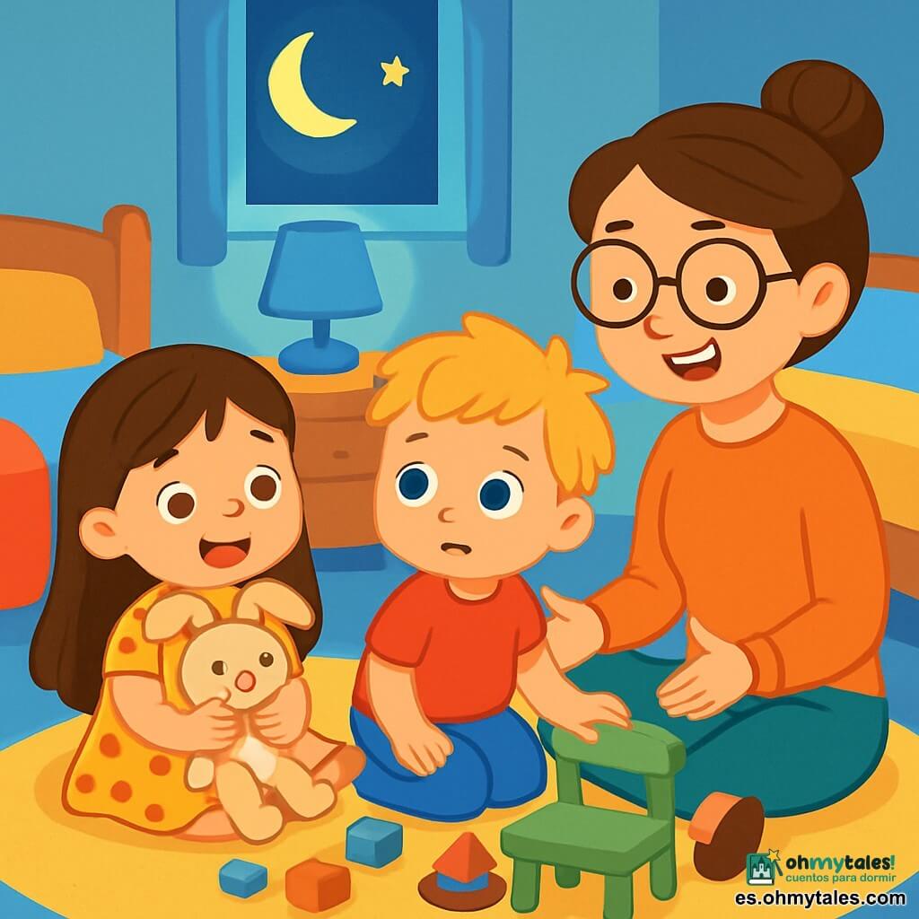 Hay 3 personajes: Ana, una niña de 3 años con largos cabellos castaños y ojos brillantes, viste un vestido amarillo con puntos rojos y sostiene un conejo de peluche. Leo, un niño de 3 años con cabello rubio desordenado y ojos azules, lleva una camiseta roja y un pantalón azul, está a su lado un poco inquieto pero decidido a superar su miedo. Mamá, una mujer dulce y cariñosa con cabello castaño recogido y gafas, viste un suéter cómodo y está sentada en el suelo, sonriendo a los niños para tranquilizarlos. La escena se desarrolla en una habitación infantil acogedora, con paredes pintadas de azul pastel, dos camas gemelas con mantas coloridas, una lámpara de noche azul que ilumina suavemente la habitación y un rincón de juegos con juguetes esparcidos. Ana y Leo están sentados en la alfombra rodeados de sus juguetes, mientras Mamá les explica cómo respirar para calmar sus miedos. Ana sonríe y muestra su peluche, mientras Leo toca la silla a su lado, sintiéndose un poco más valiente. La luz azul de la lámpara crea un ambiente relajante, y la mirada de los niños está llena de esperanza y determinación.
