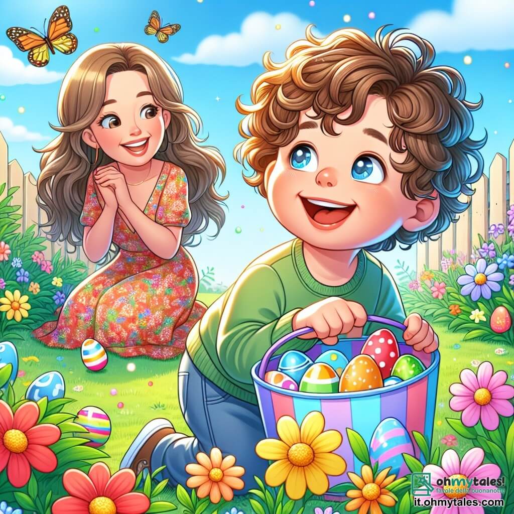Un bambino di 2 anni, Leo, con capelli ricci e occhi scintillanti di gioia, è accovacciato in un giardino soleggiato, tenendo un secchiello colorato pieno di uova di Pasqua. Sorride meravigliato, circondato da fiori multicolori che danzano nella brezza primaverile. Sua madre, una donna di circa 30 anni con lunghi capelli castani e un sorriso caloroso, è accanto a lui, incoraggiandolo con gesti entusiasti, indossando un vestito leggero a fiori. Il giardino è pieno di fiori brillanti, fogliame verde e un cielo blu chiaro punteggiato di nuvole bianche. Farfalle colorate volano intorno, aggiungendo un tocco di magia alla scena. Leo cerca uova di Pasqua nascoste tra i fiori, con un'espressione di curiosità ed eccitazione sul viso, mentre sua madre lo osserva con orgoglio e affetto.