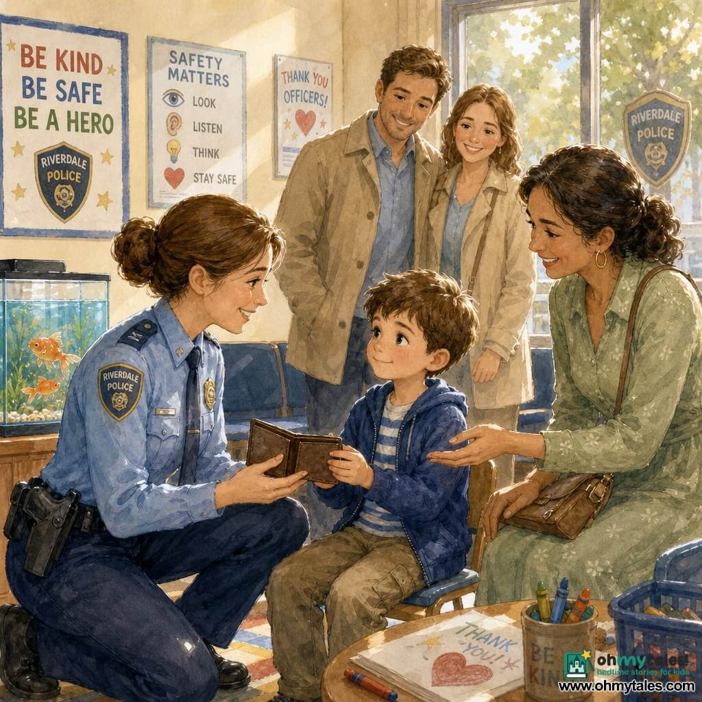 A smiling, caring female police officer in a neat light-blue uniform kneels to return a small open wallet to a shy but proud seven-year-old boy sitting by a rectangular aquarium while Ms. Rivera, relieved and smiling in a pale green dress, reaches for the wallet and the boy’s parents stand a few steps back grateful; the bright police station waiting room has cream walls, safety posters, navy padded benches, a patterned rug and soft afternoon light filtering through the window, creating a warm, peaceful atmosphere.
