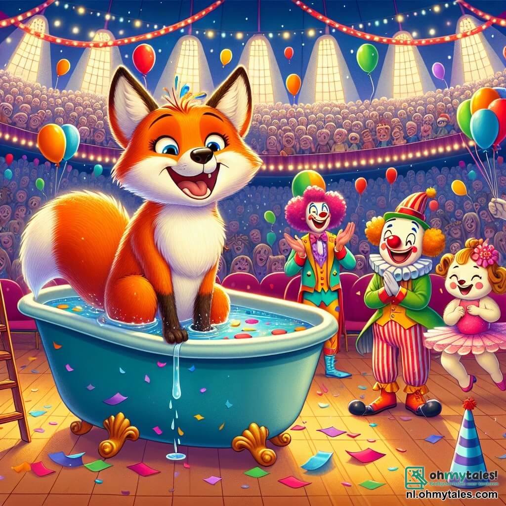 Een blije vos, genaamd Rocco, met een feloranje vacht en een grote glimlach, zit in een grote badkuip vol kleurrijke confetti, met sprankelende ogen van blijdschap. Naast hem lacht een grappige clown, Bobo, met een grote rode neus, krullend haar en een kleurrijk kostuum, terwijl hij zijn hand uitsteekt om Rocco te helpen uit de badkuip te komen. Verderop applaudisseert een elegante acrobatische kat, Bella, met een glanzende zwarte vacht en een schattige roze tutu, terwijl ze op haar achterpoten staat. De scène speelt zich af onder een groot circusdoek, vol fonkelende lichten en kleurrijke ballonnen, met verwonderde toeschouwers op de achtergrond. Rocco, de vos, heeft net een te gewaagde sprongetje gemaakt en zit vast in de confetti-badkuip, terwijl zijn vrienden proberen hem eruit te krijgen terwijl ze lachen om deze grappige situatie.