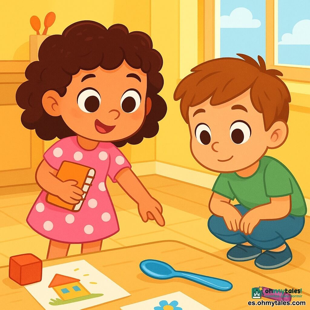 Una niña de 4 años, con grandes ojos curiosos y cabello rizado, lleva un vestido rosa con lunares blancos. Tiene una sonrisa decidida y sostiene un cuaderno en una mano, mientras que la otra apunta hacia una cuchara azul brillante en el suelo. Junto a ella, un niño de 4 años, con cabello castaño y una camiseta verde, observa atentamente. Está agachado, con las manos en las rodillas, y parece listo para ayudarla en su investigación. La escena tiene lugar en una cocina luminosa, con paredes amarillas y una gran ventana que deja pasar la luz del sol. La mesa de madera clara está cubierta de pequeños juguetes y dibujos coloridos, creando un ambiente cálido y acogedor. La niña y su amigo descubren la cuchara azul perdida, un momento de alegría y sorpresa al darse cuenta de que han resuelto el pequeño misterio de la casa.